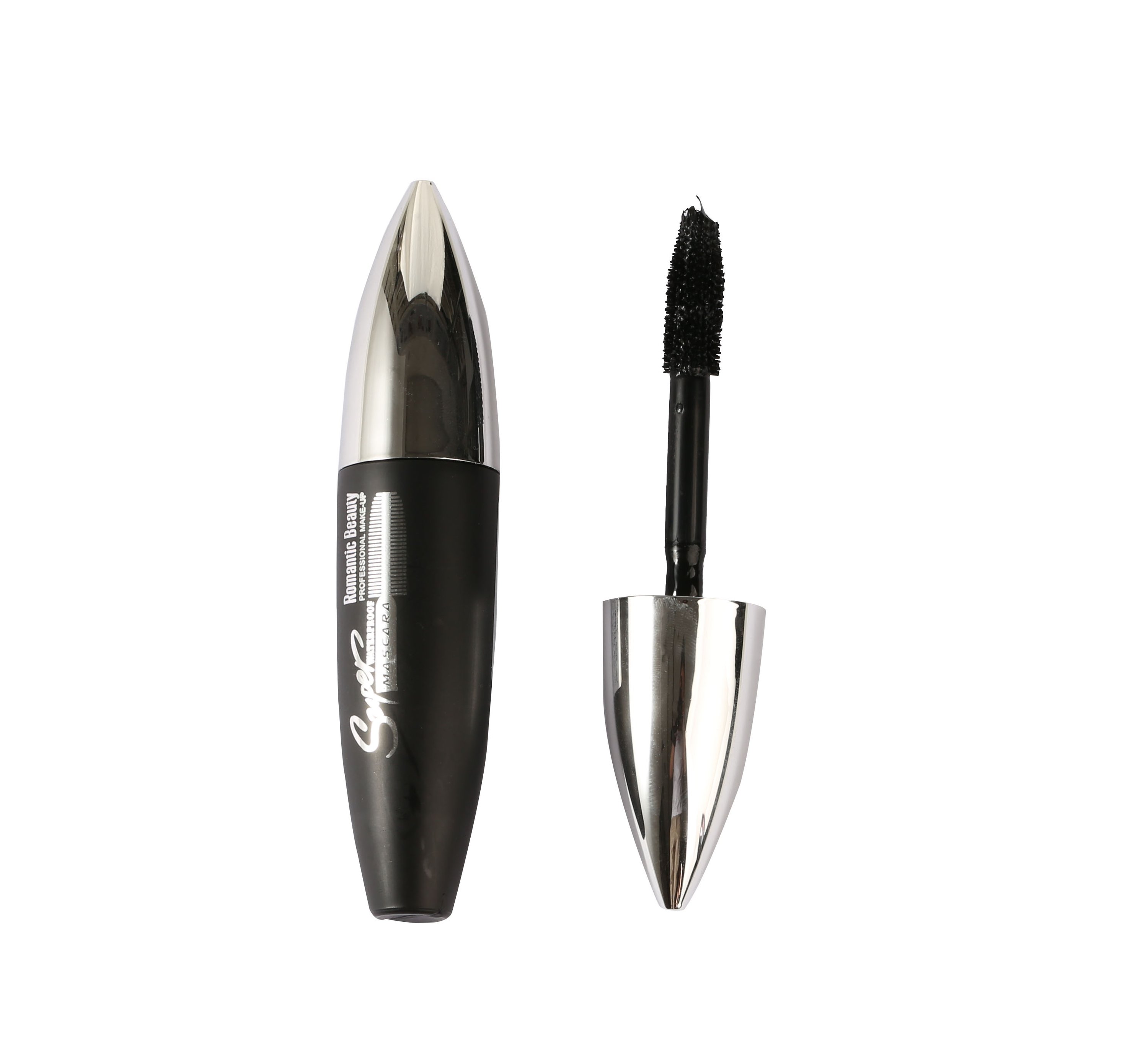 A tube of Super Long Lasting Waterproof Mascara by Romantic Beauty, showcasing its sleek design and applicator brush.