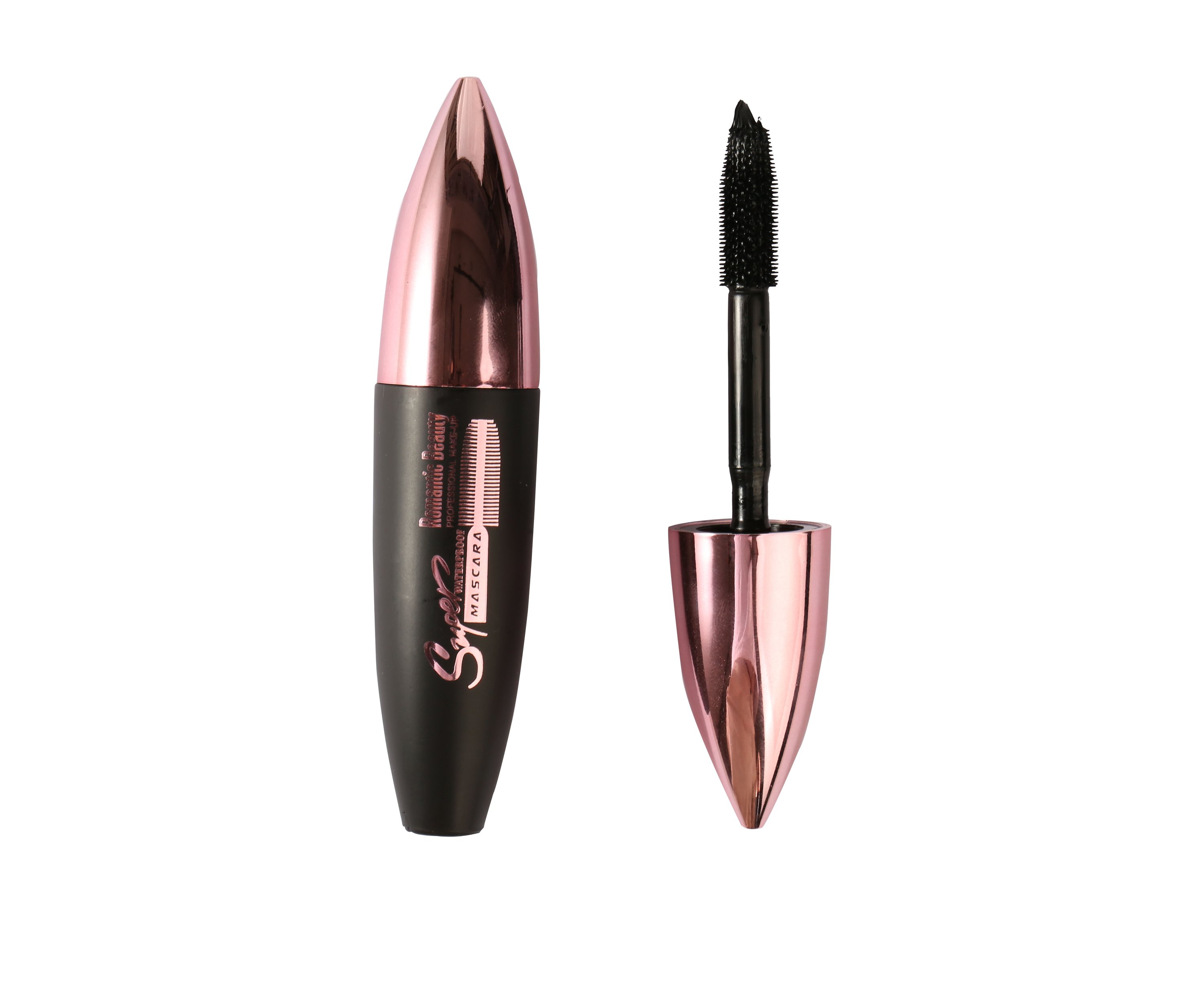 A tube of Super Long Lasting Waterproof Mascara by Romantic Beauty, showcasing its sleek design and applicator brush.