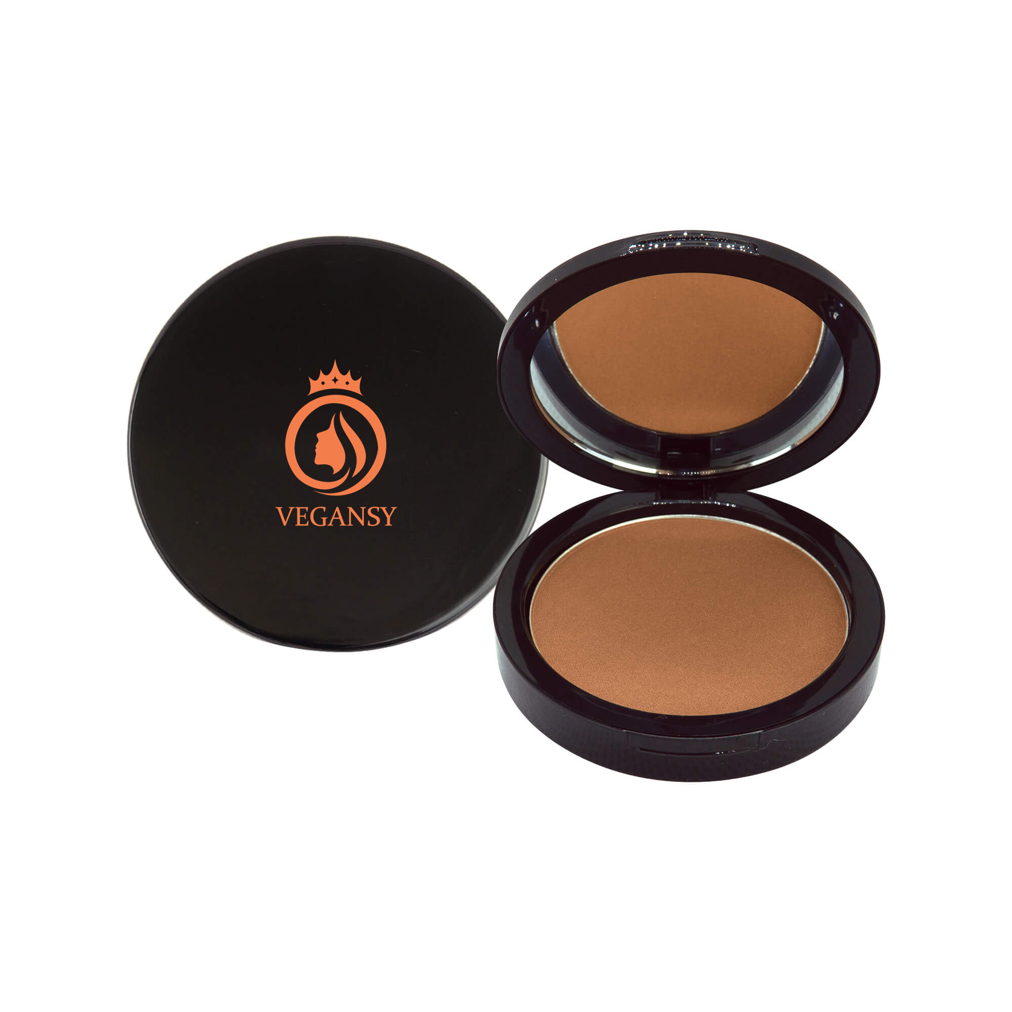 Tawny bronzer in a sleek compact, showcasing its rich red and brown tones for a natural tan.