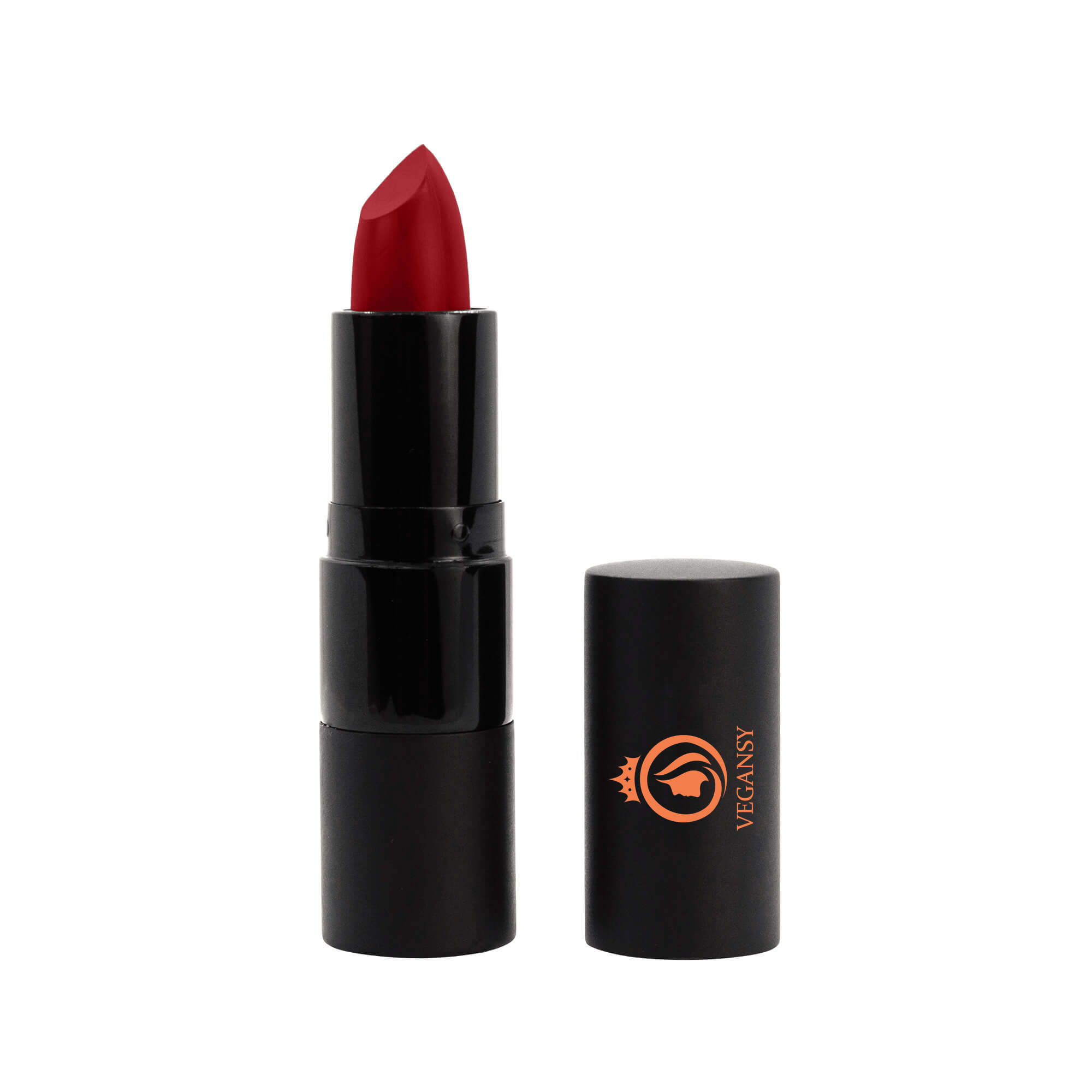 A vibrant lipstick tube labeled 'Thrill' showcasing a creamy finish, surrounded by coconut oil and jojoba seeds.