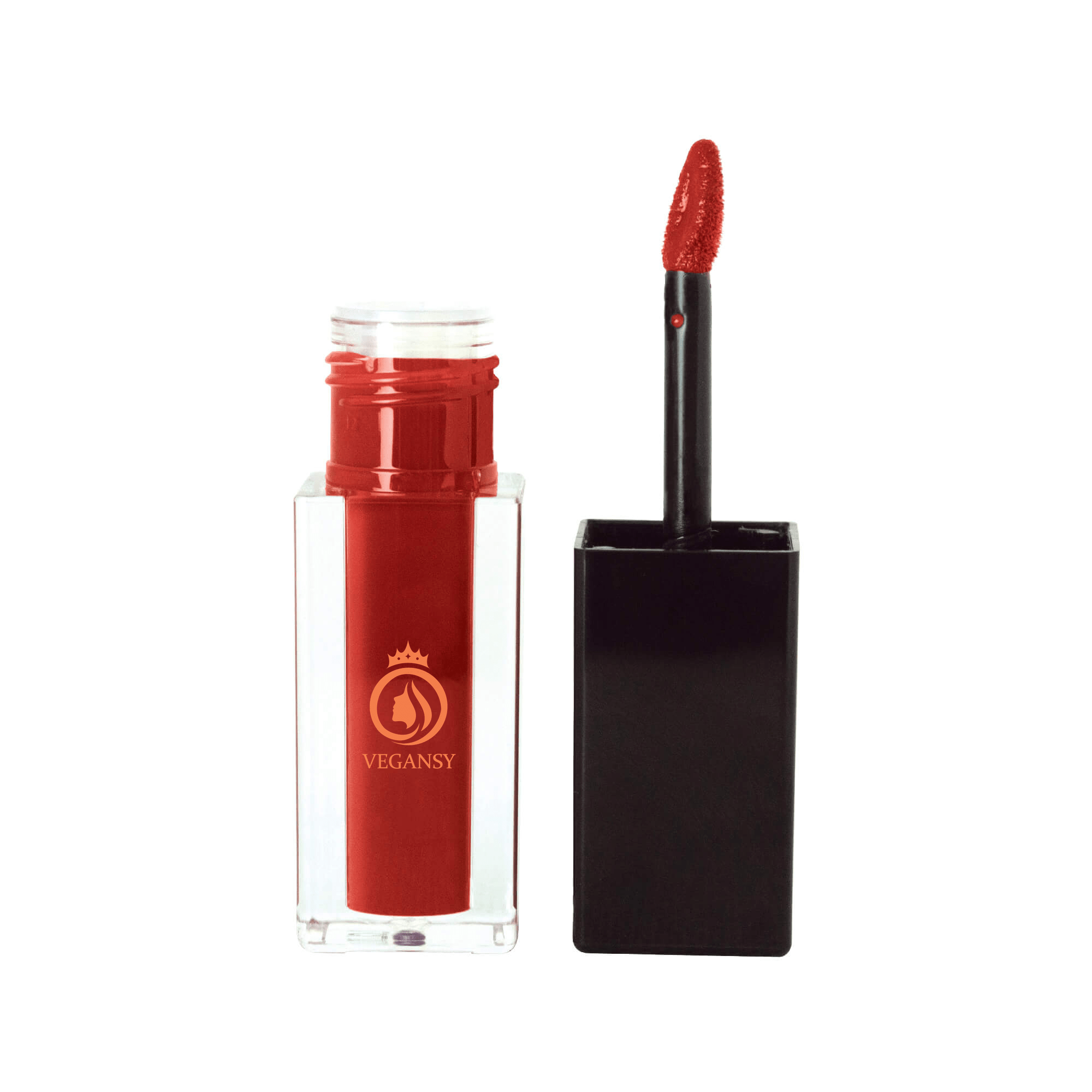 True Crimson matte lip stain in a sleek tube with a doe-shaped applicator, showcasing its vibrant red color.