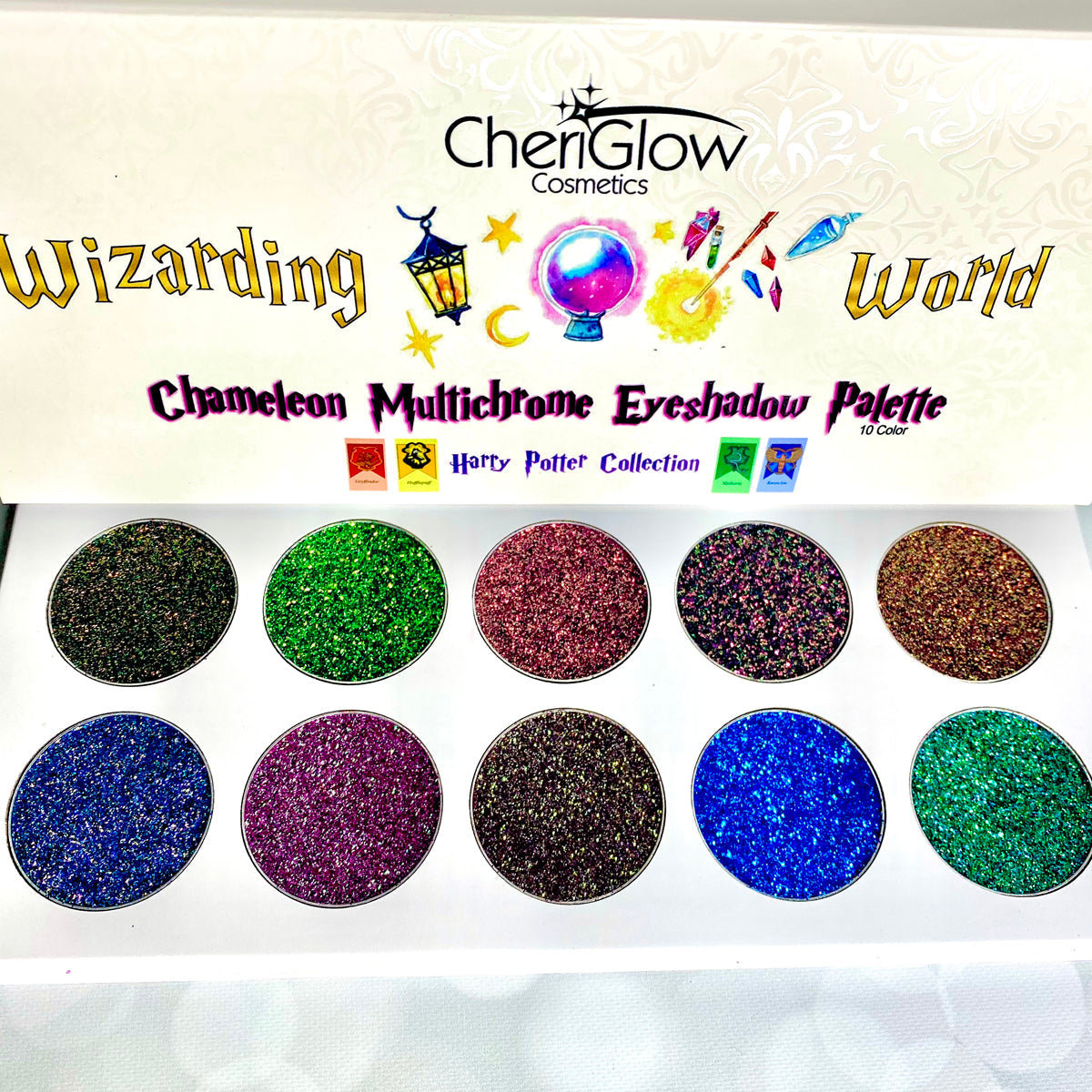 Wizarding World Chameleon Multichrome Glitter Eyeshadow Palette showcasing vibrant pinks, violets, golds, and greens in a sleek design.