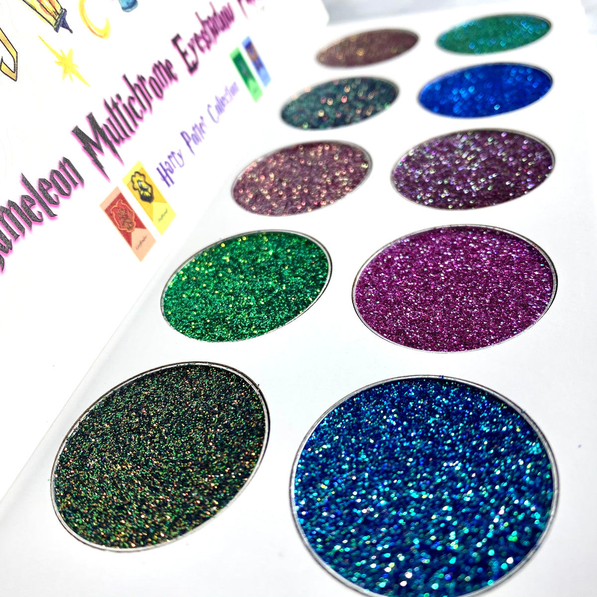 Wizarding World Chameleon Multichrome Glitter Eyeshadow Palette showcasing vibrant pinks, violets, golds, and greens in a sleek design.