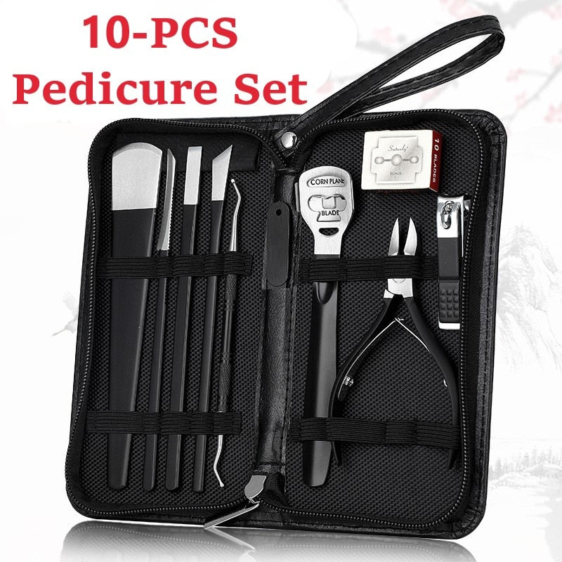 10 Pcs Professional Nail Cutter Pedicure Scissors Set displayed in a stylish zip leather bag, showcasing various nail care tools.