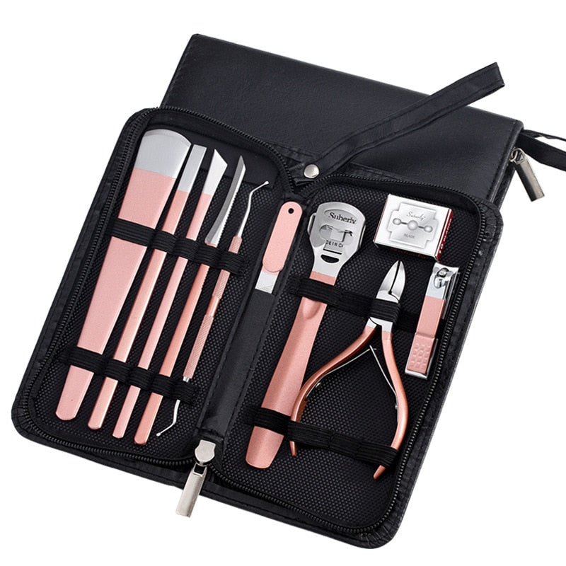 10 Pcs Professional Nail Cutter Pedicure Scissors Set displayed in a stylish zip leather bag, showcasing various nail care tools.