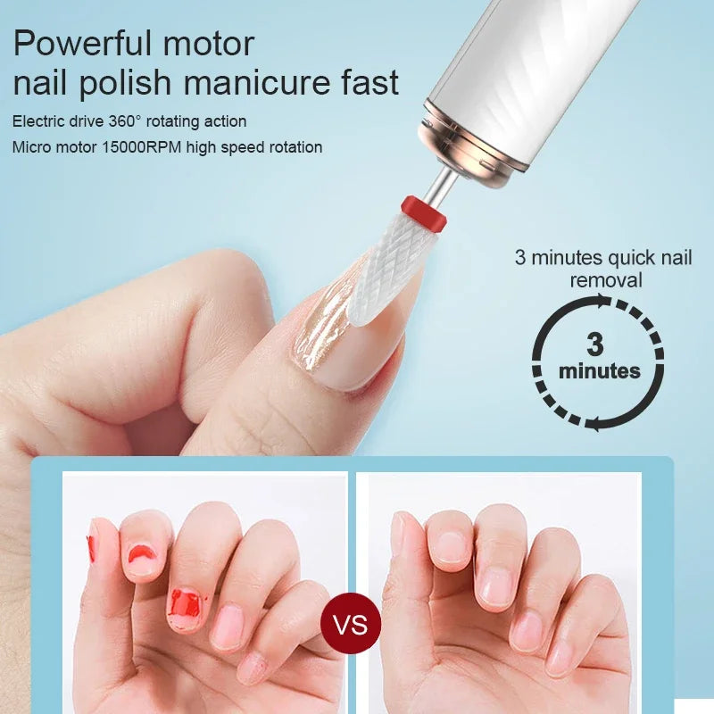 15000RPM Electric Wireless Nail Drill Machine with multiple grinding heads and charging cable, designed for professional nail care.