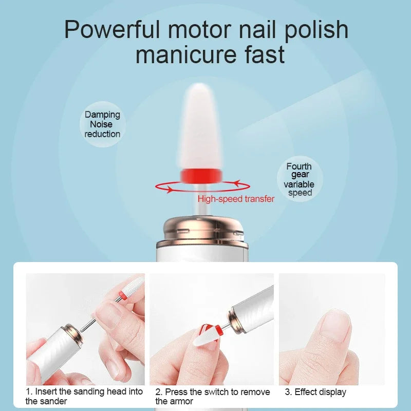 15000RPM Electric Wireless Nail Drill Machine with multiple grinding heads and charging cable, designed for professional nail care.