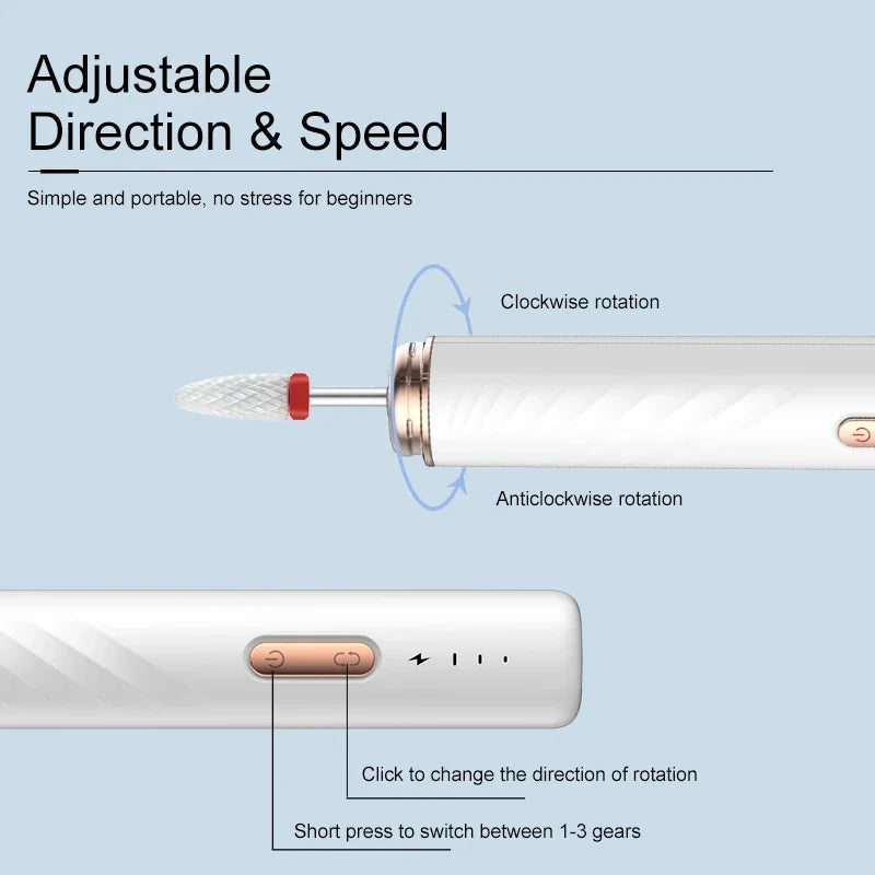 15000RPM Electric Wireless Nail Drill Machine with multiple grinding heads and charging cable, designed for professional nail care.