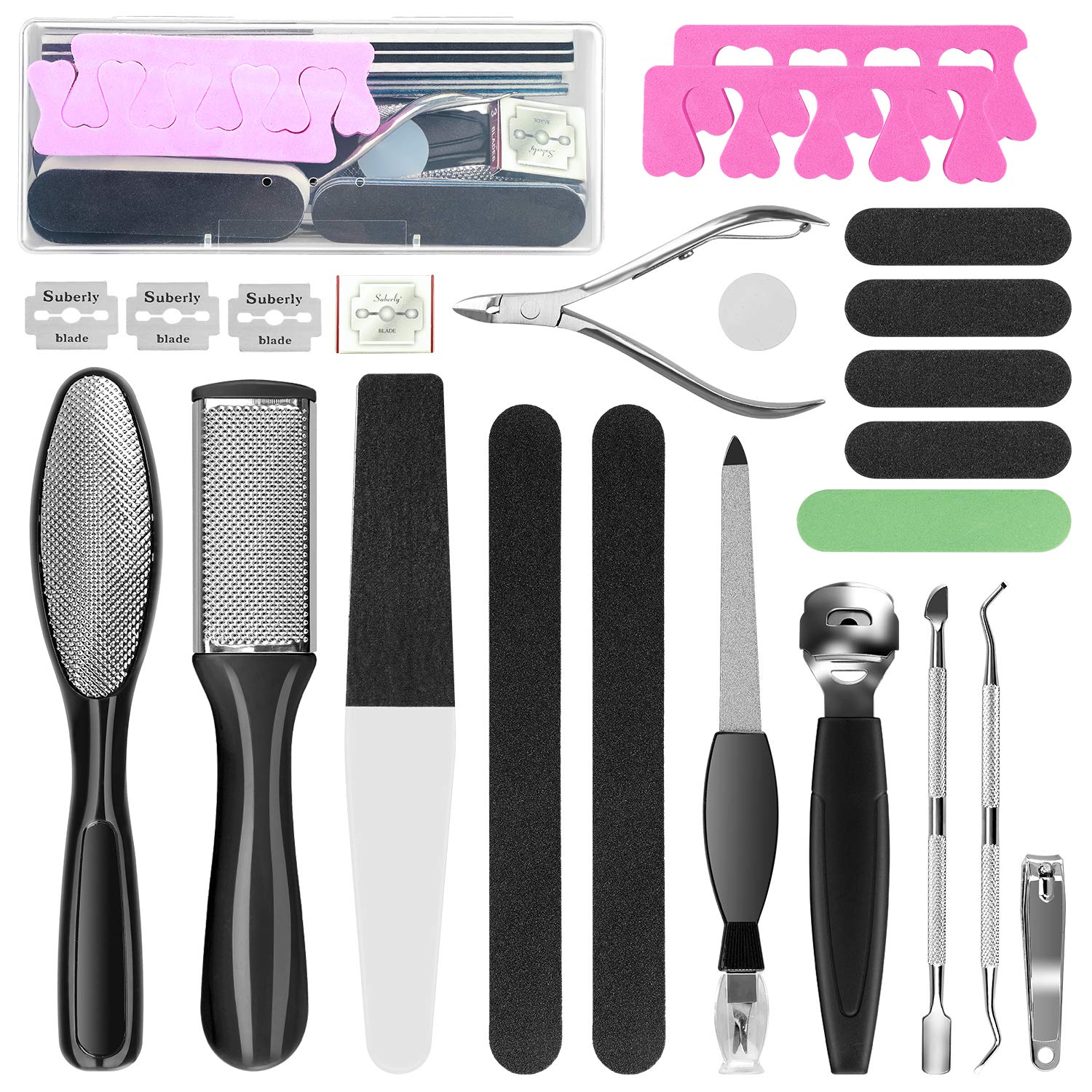 20 in 1 Black Stainless Steel Professional Pedicure Tools set displayed in a storage box, showcasing various tools for foot care.