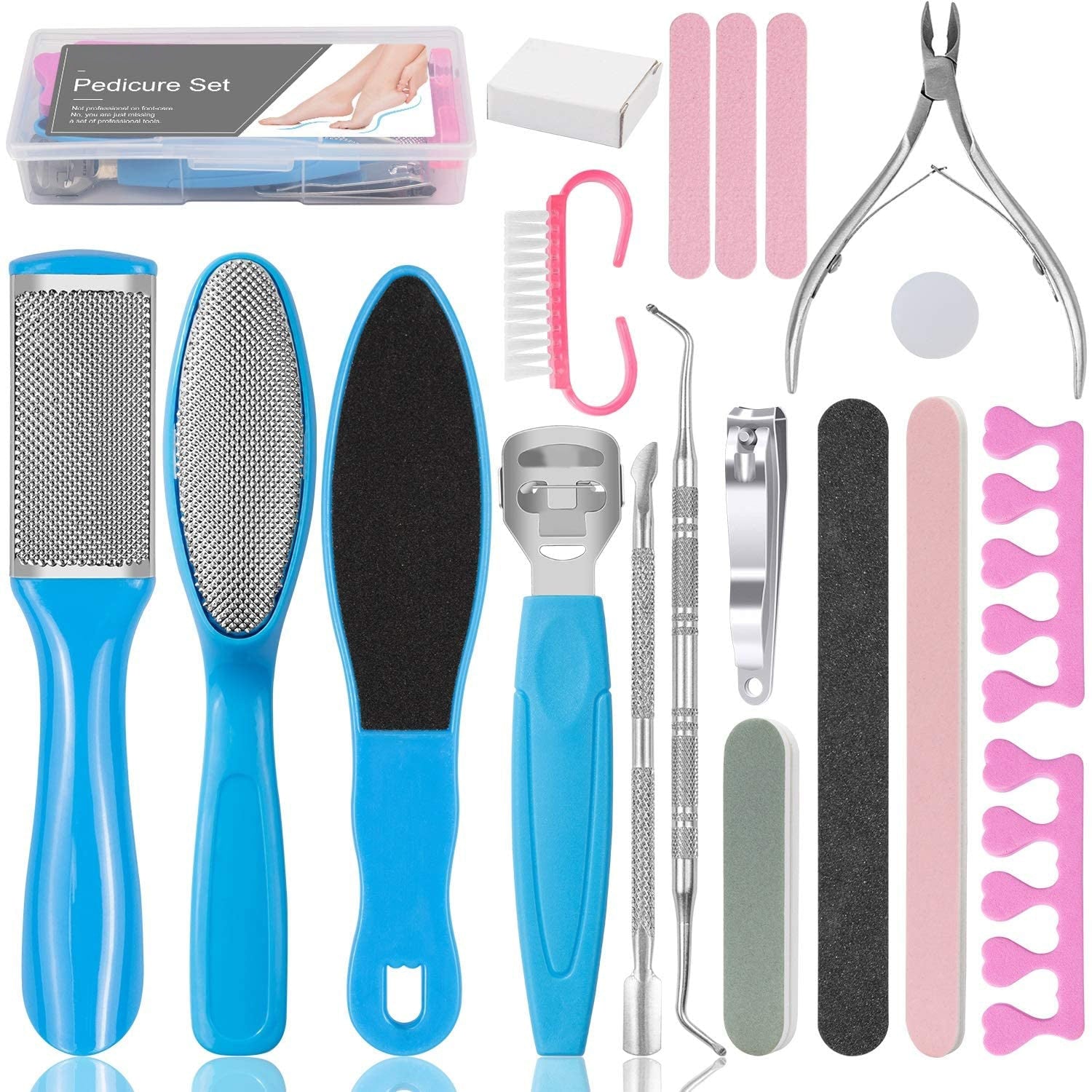 20 in 1 Foot Files Professional Pedicure Tools Set including various tools for foot care, callus removal, and nail grooming, displayed in a storage box.