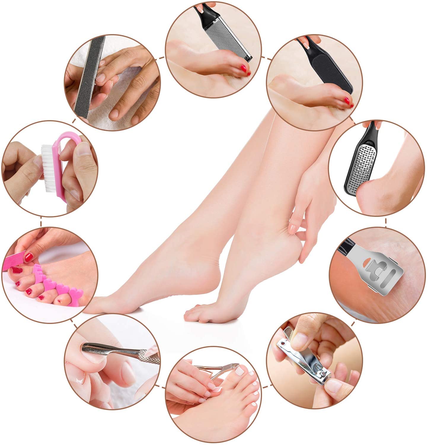 20 in 1 Foot Files Professional Pedicure Tools Set including various tools for foot care, callus removal, and nail grooming, displayed in a storage box.