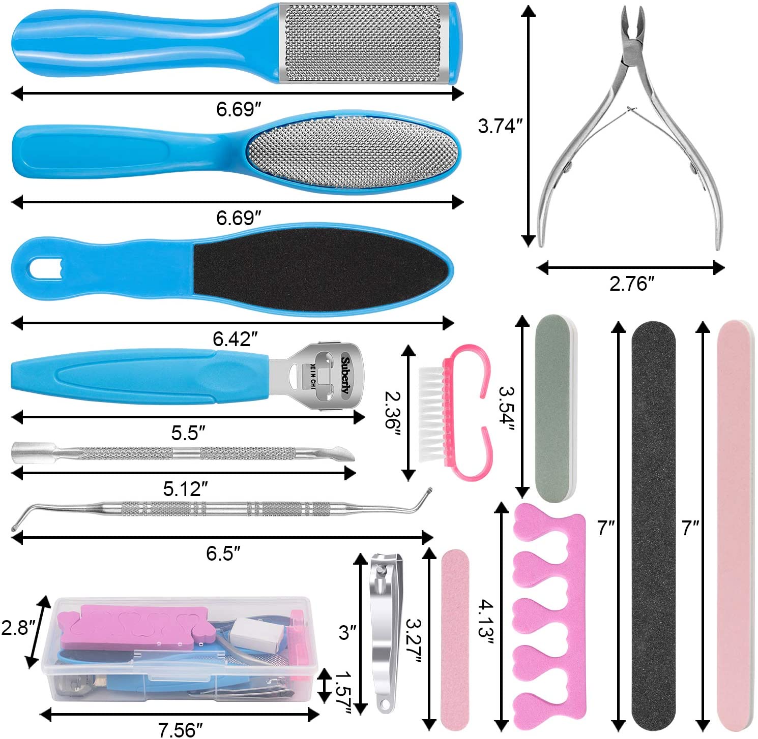 20 in 1 Foot Files Professional Pedicure Tools Set including various tools for foot care, callus removal, and nail grooming, displayed in a storage box.