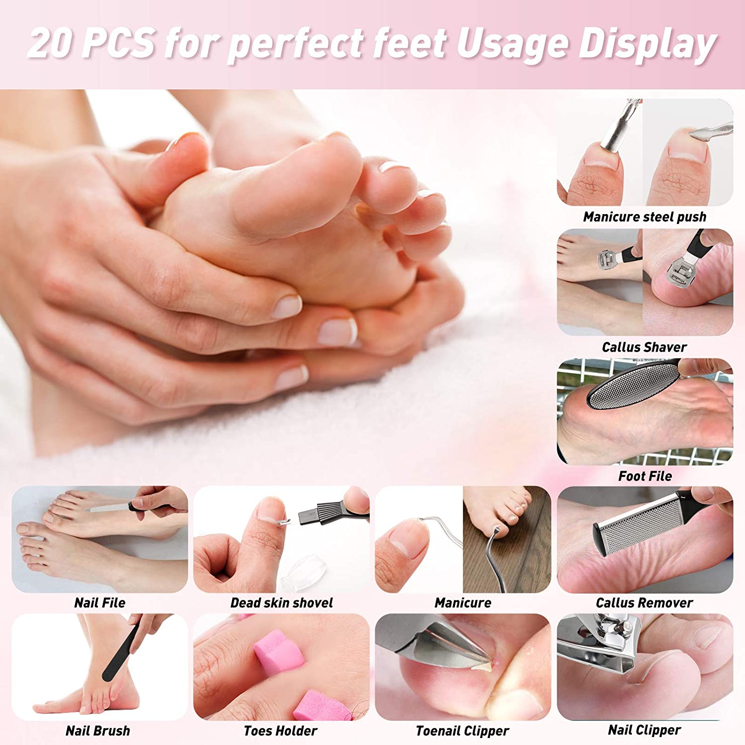 20 in 1 Professional Pedicure Tools Set featuring various stainless steel tools for foot care, including scrapers, clippers, and files, neatly arranged in a portable case.