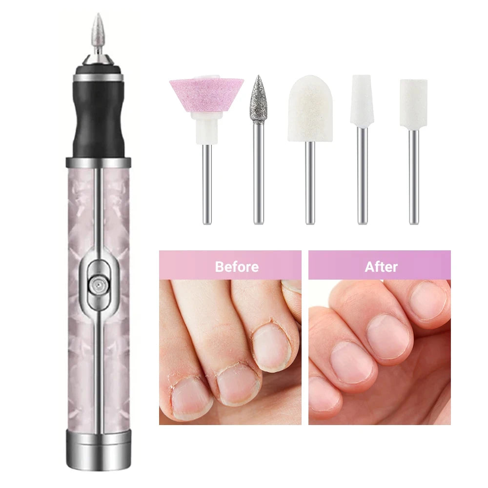 20000RPM Electric Nail Polisher in pink, blue, and white colors with grinding heads and USB charging cable.