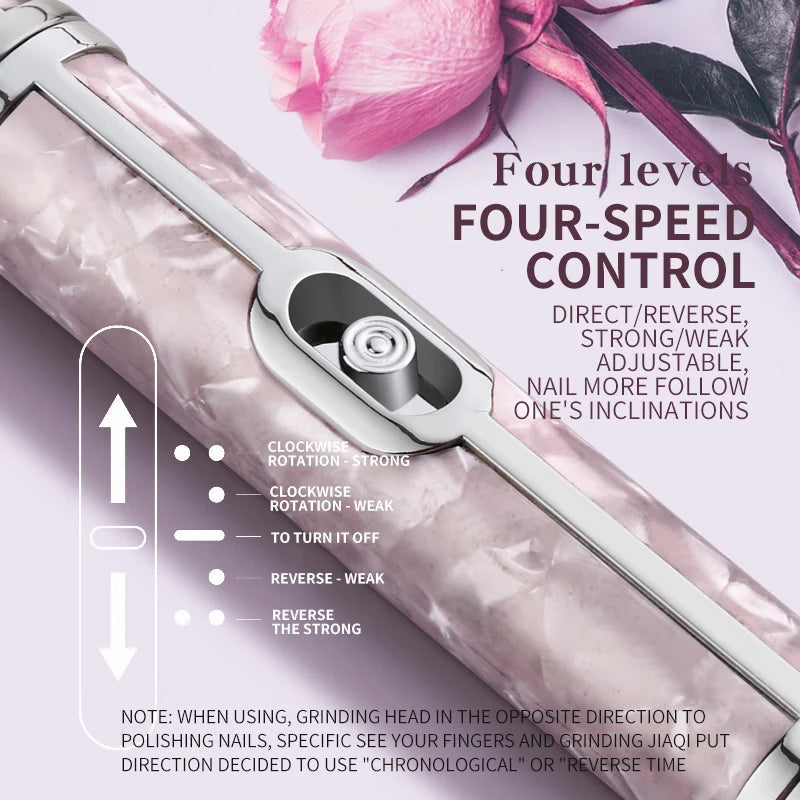 20000RPM Electric Nail Polisher in pink, blue, and white colors with grinding heads and USB charging cable.