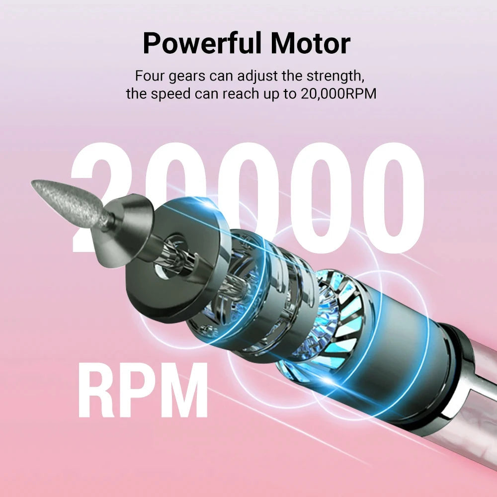 20000RPM Electric Nail Polisher in pink, blue, and white colors with grinding heads and USB charging cable.