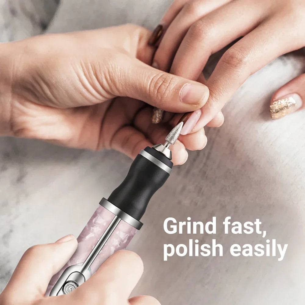 20000RPM Electric Nail Polisher in pink, blue, and white colors with grinding heads and USB charging cable.