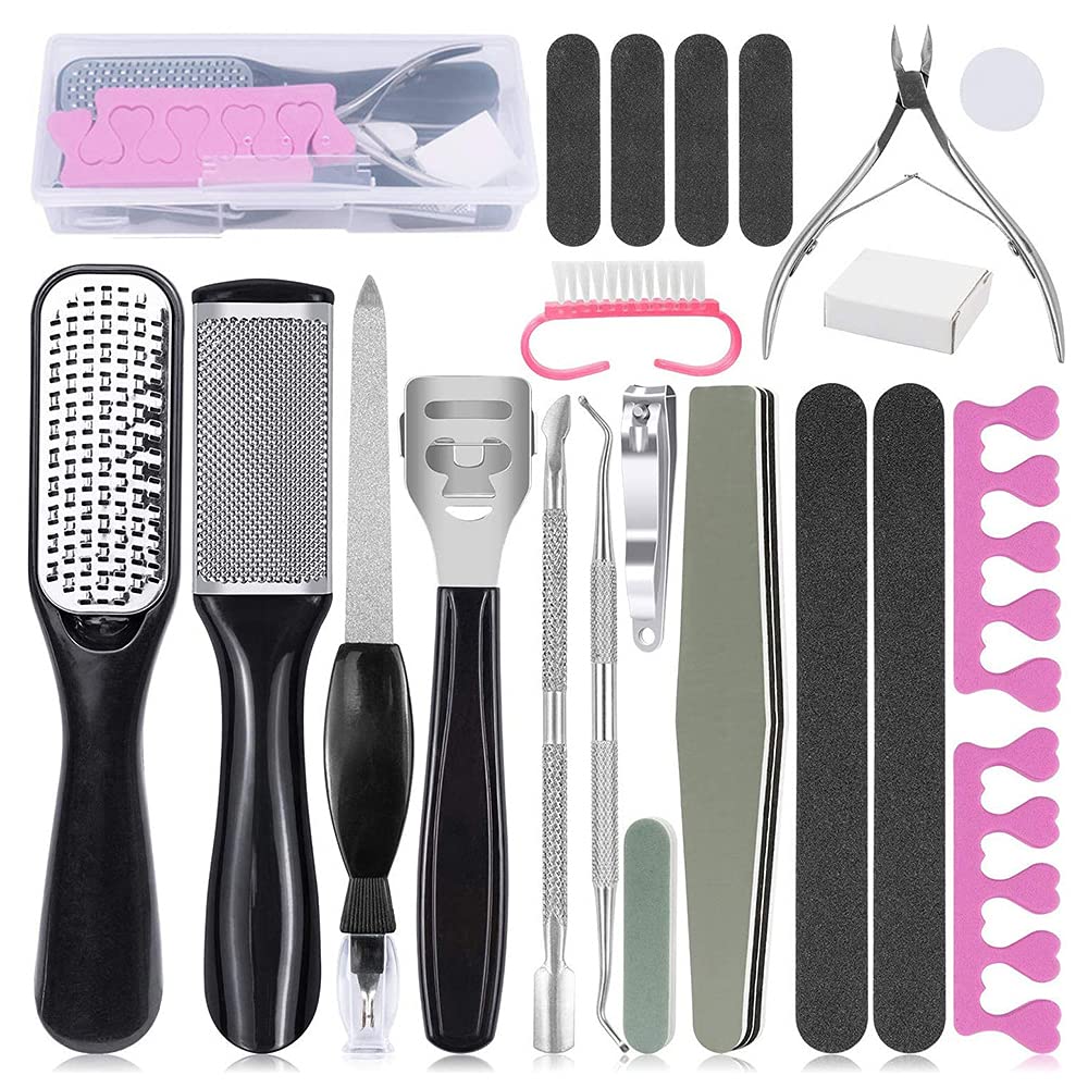 A complete set of 21 stainless steel professional pedicure tools arranged neatly, showcasing various tools like clippers, scrapers, and files for foot care.