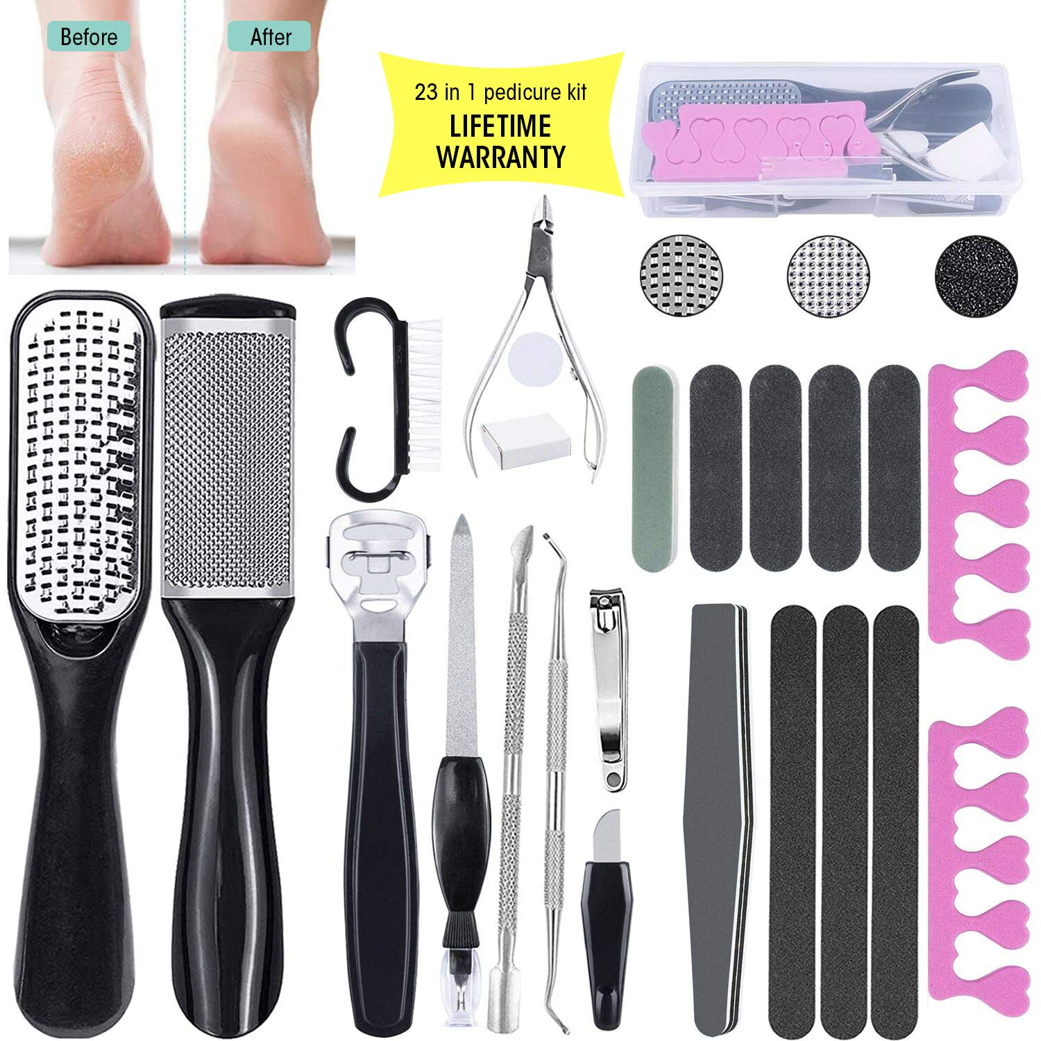 23 in 1 Pedicure Kit featuring various professional tools for foot care, including files, clippers, and a storage box.