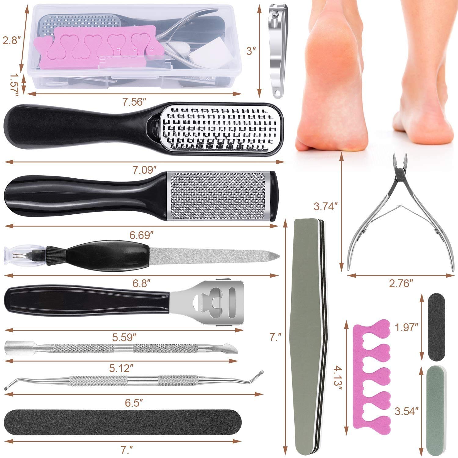 23 in 1 Pedicure Kit featuring various professional tools for foot care, including files, clippers, and a storage box.