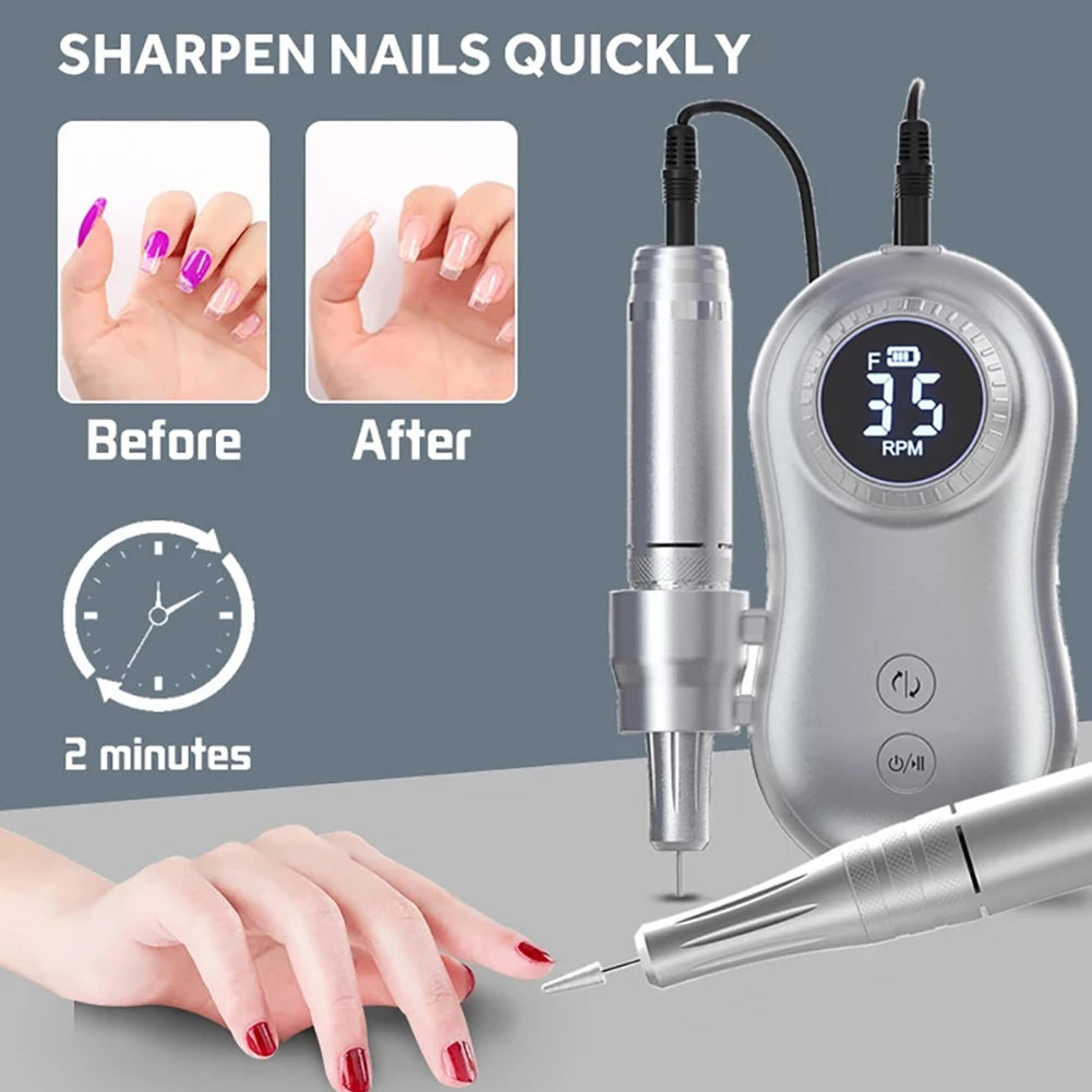 35000 RPM Electric Nail Polish Drill Mini 2 in 1 Electric Nail File with various drill bits and a USB charging cable.