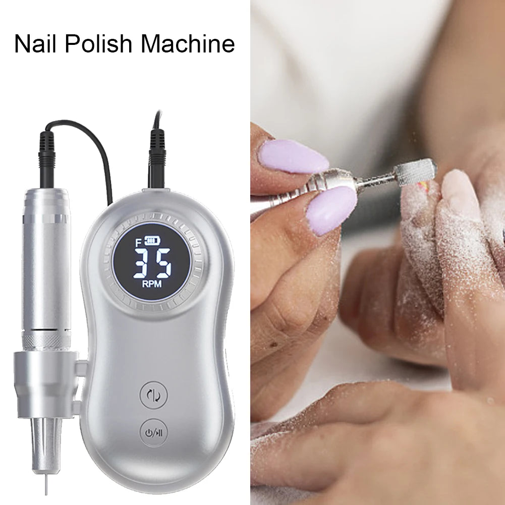 35000 RPM Electric Nail Polish Drill Mini 2 in 1 Electric Nail File with various drill bits and a USB charging cable.