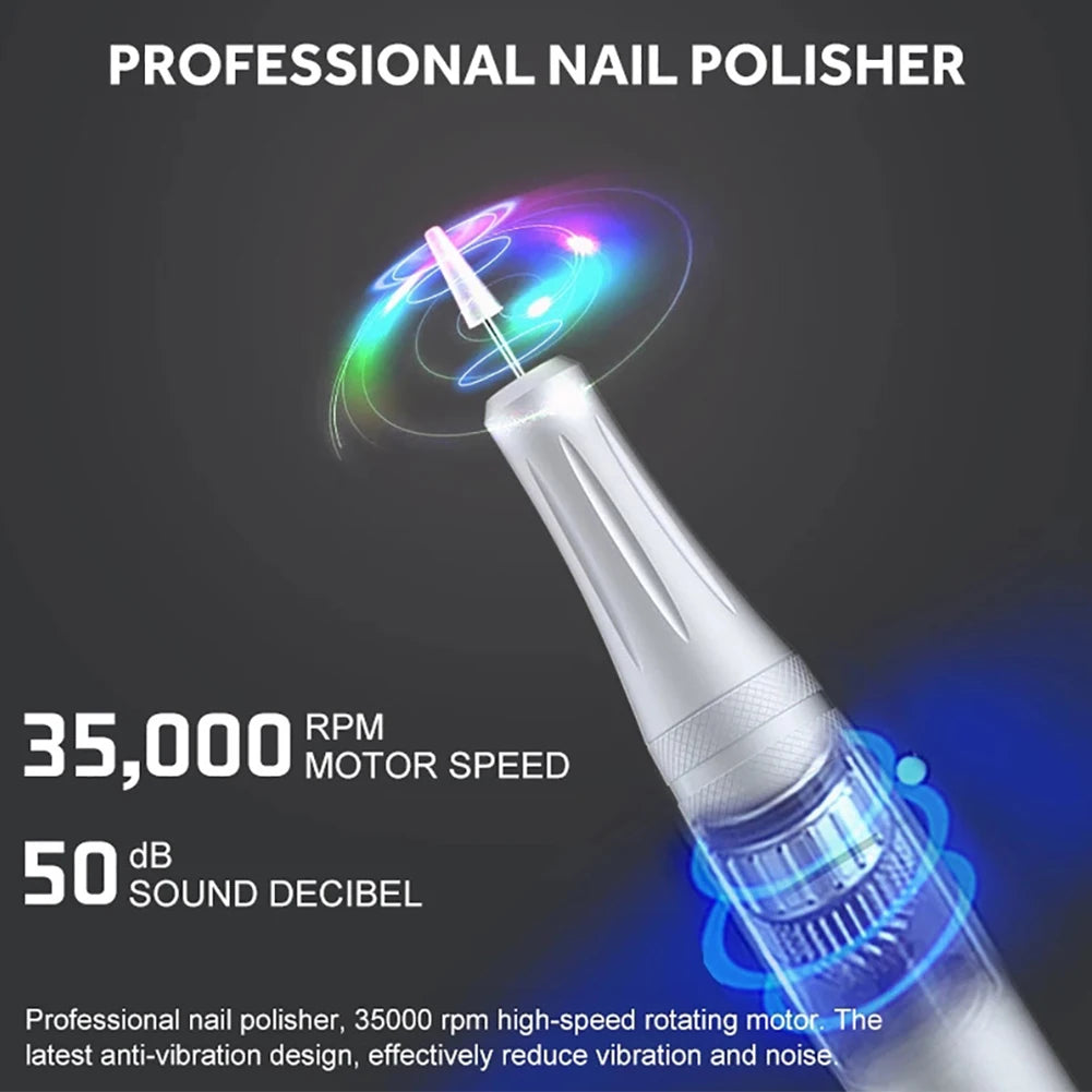 35000 RPM Electric Nail Polish Drill Mini 2 in 1 Electric Nail File with various drill bits and a USB charging cable.