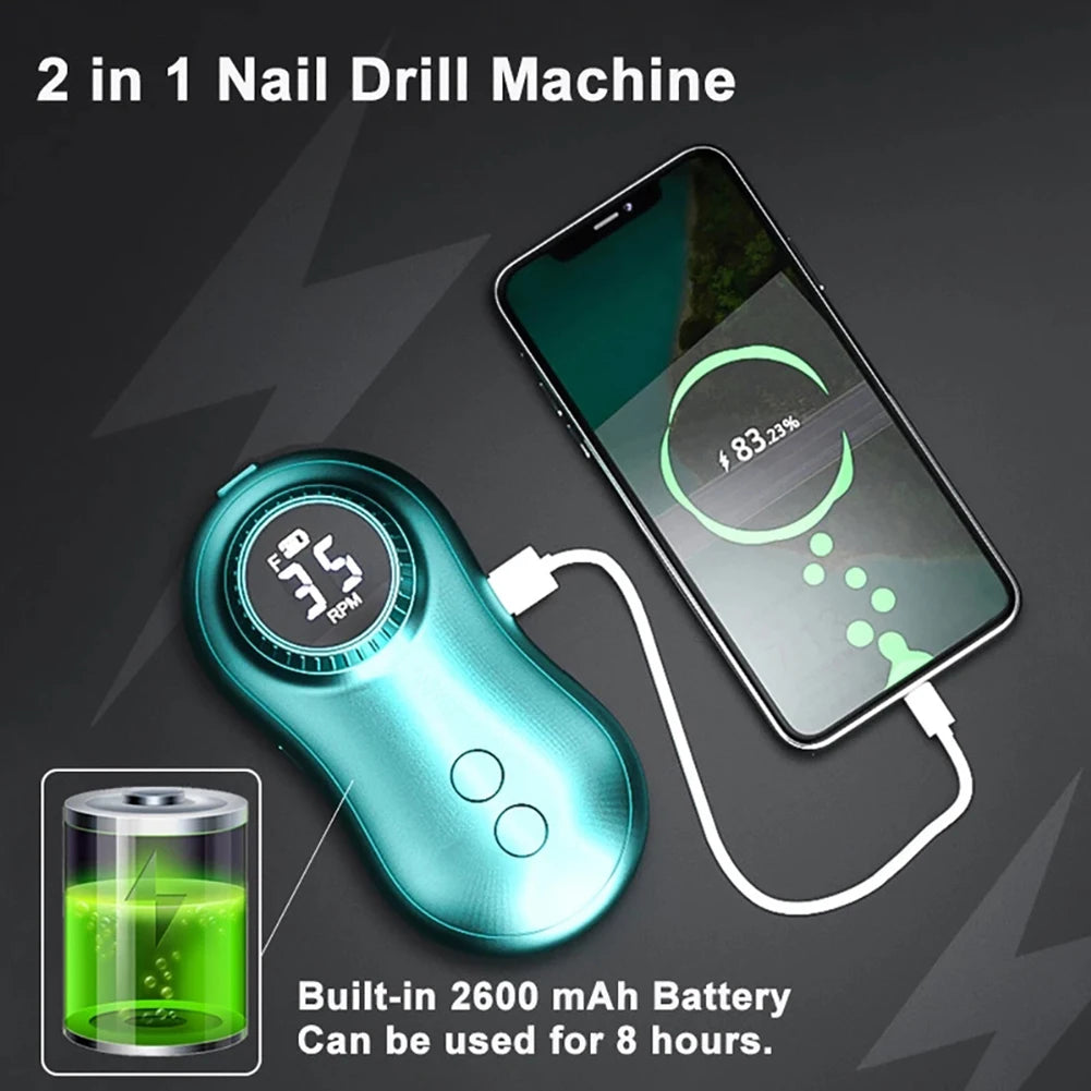 35000 RPM Electric Nail Polish Drill Mini 2 in 1 Electric Nail File with various drill bits and a USB charging cable.