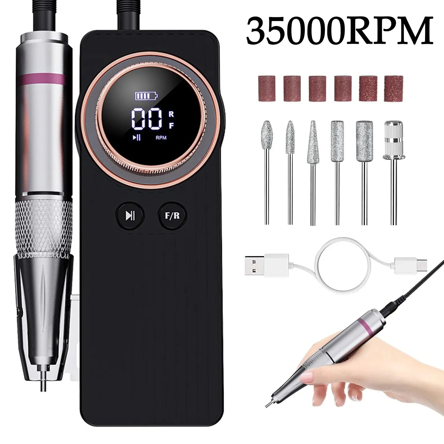 35000RPM Nail Drill Machine in silver and black, showcasing its compact design and USB charging port.