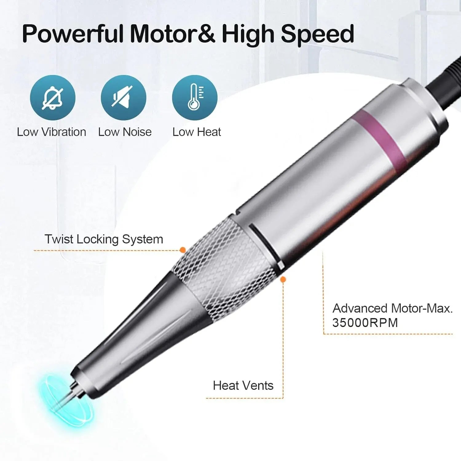 35000RPM Nail Drill Machine in silver and black, showcasing its compact design and USB charging port.