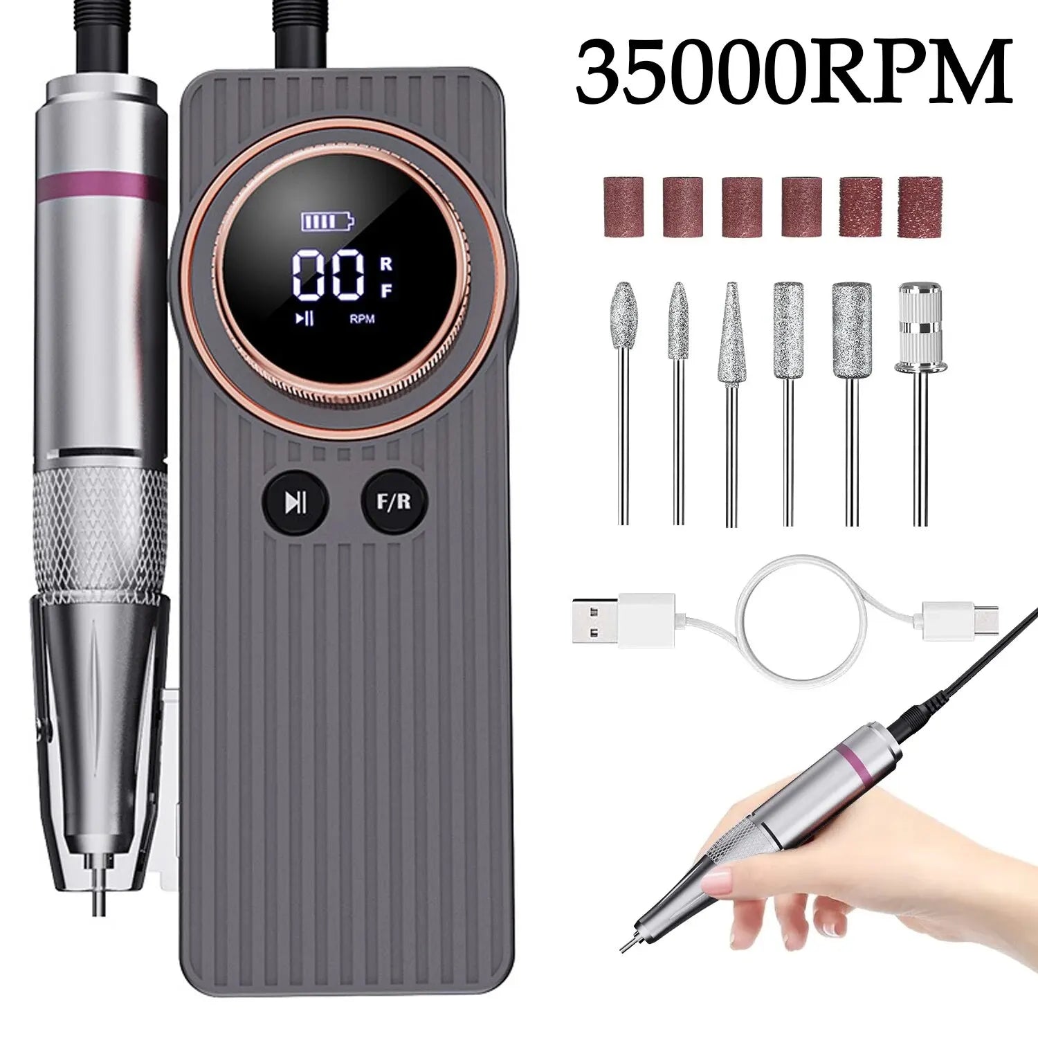 35000RPM Nail Drill Machine in silver and black, showcasing its compact design and USB charging port.