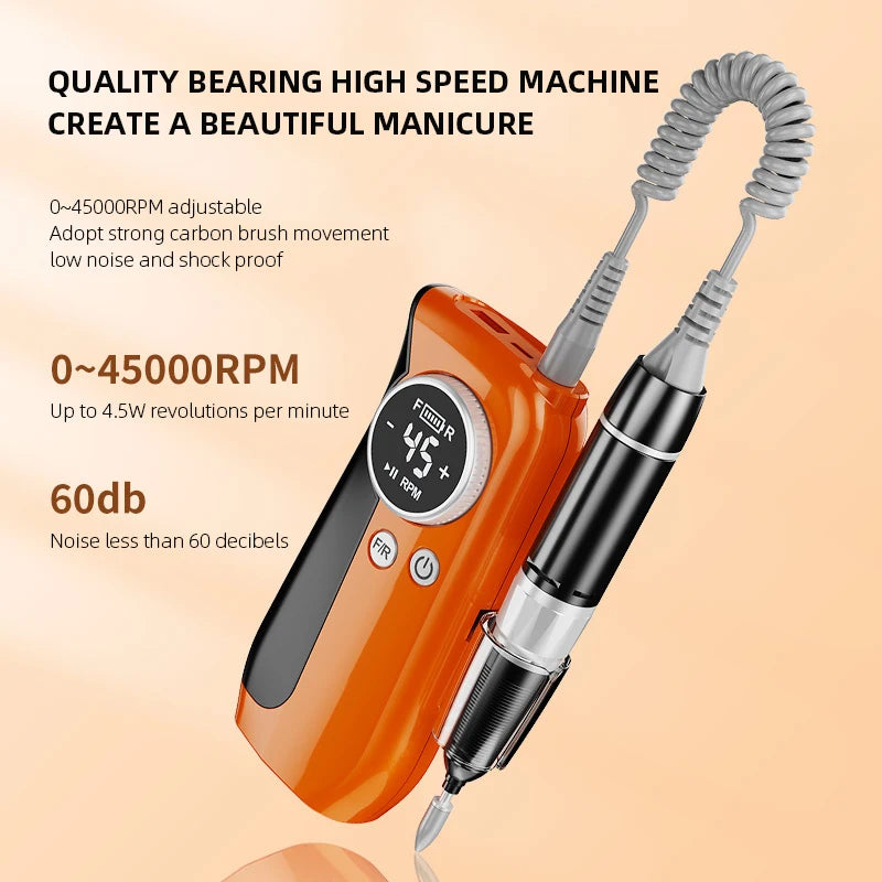 45000RPM Electric Nail Drill with HD LCD display and metal drill bits for professional nail care.