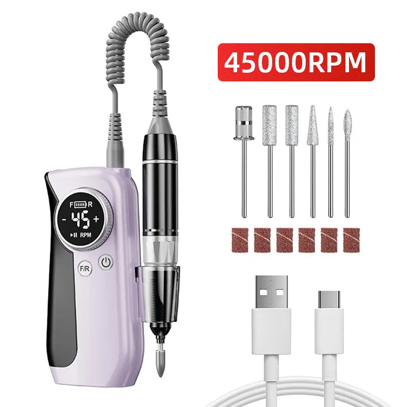 45000RPM Electric Nail Drill with HD LCD display and metal drill bits for professional nail care.