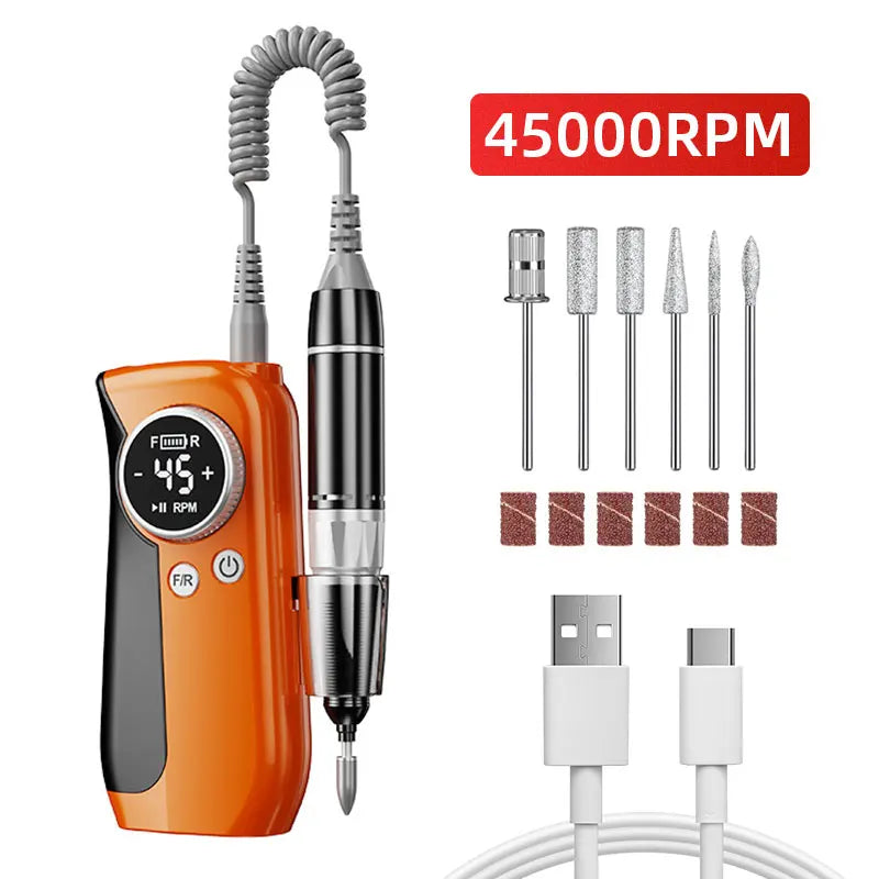 45000RPM Electric Nail Drill with HD LCD display and metal drill bits for professional nail care.