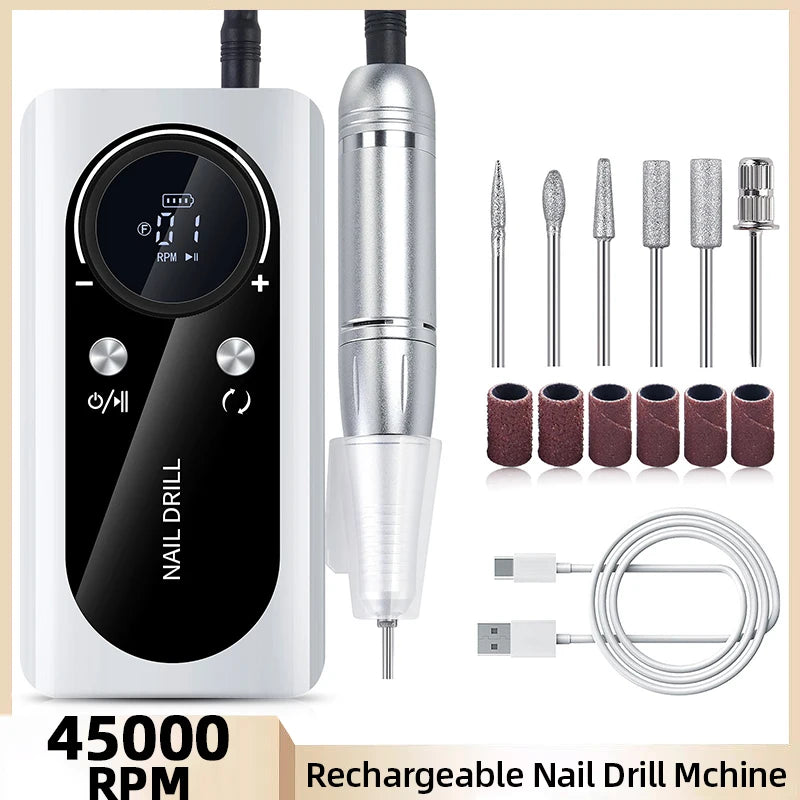 45000RPM Nail Drill Machine Kit with LCD display and drill bits, designed for professional and DIY nail care.