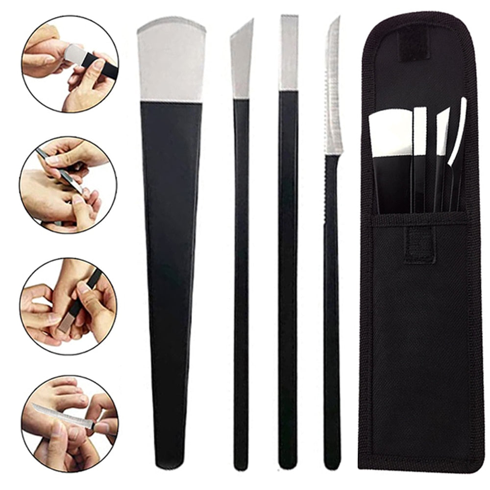 4-piece black stainless steel pedicure knife set with ergonomic handles and storage bag.