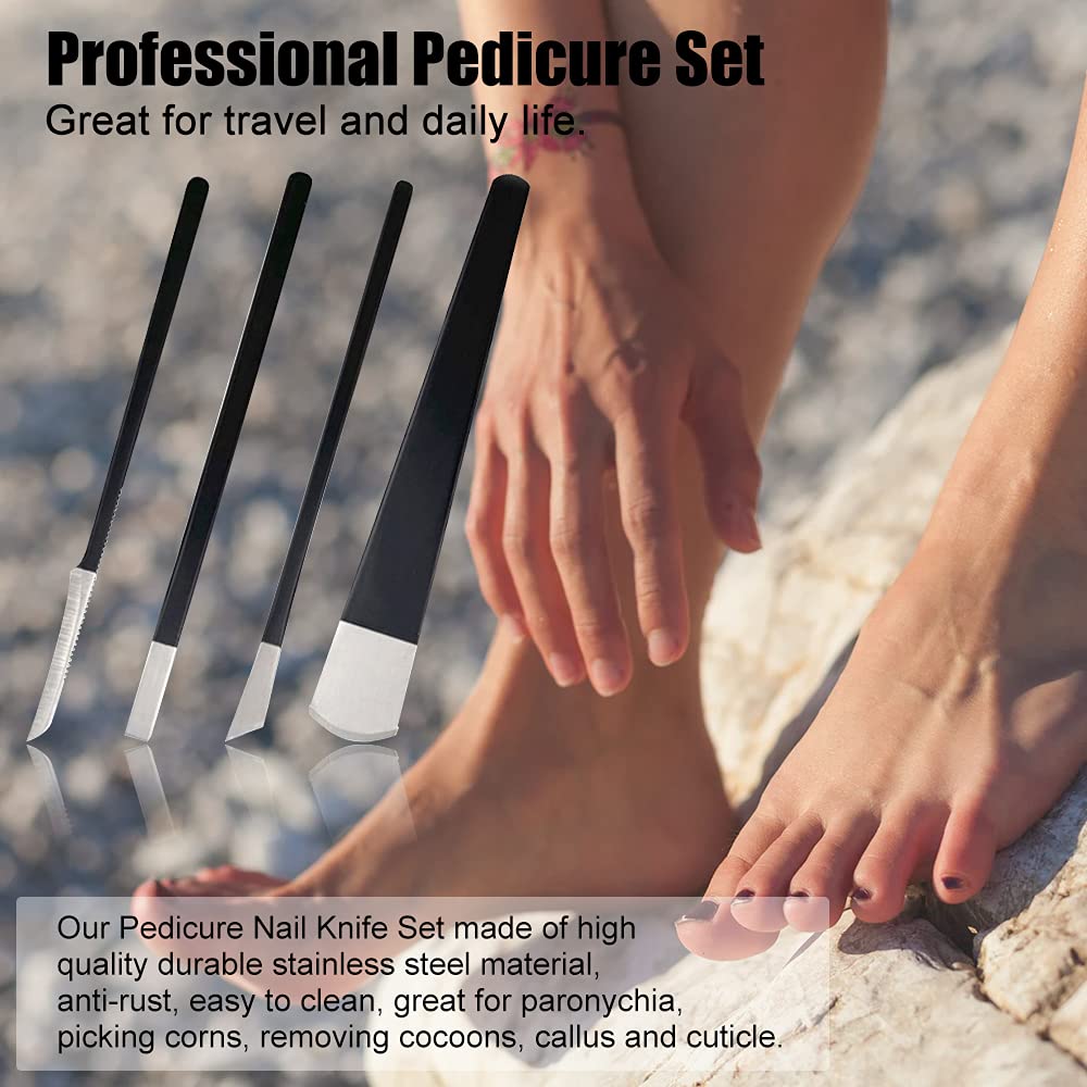 4-piece black stainless steel pedicure knife set with ergonomic handles and storage bag.