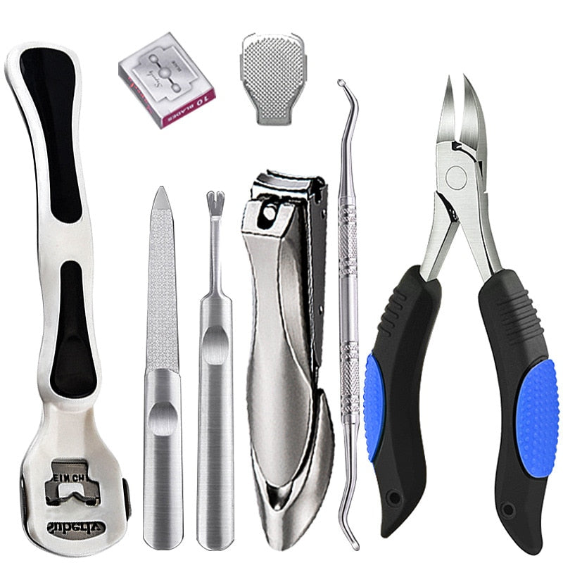 8 pcs Manicure Cutters Nail Clipper Set featuring various tools for nail care, including clippers, files, and skin planers, all in a sleek design.