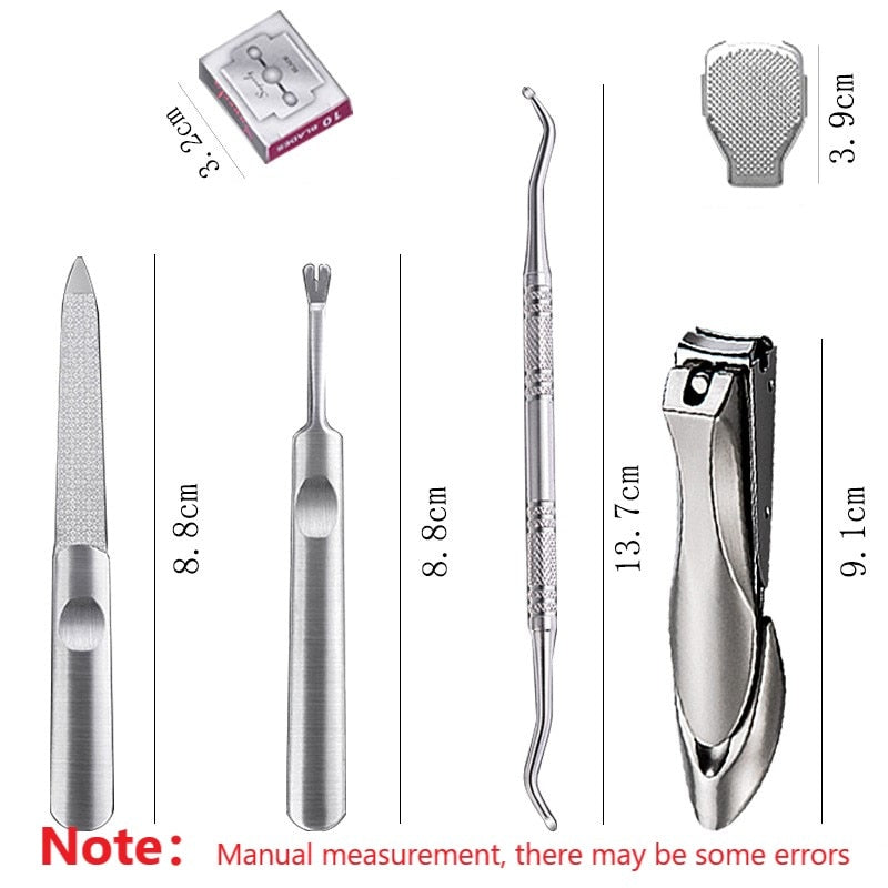 8 pcs Manicure Cutters Nail Clipper Set featuring various tools for nail care, including clippers, files, and skin planers, all in a sleek design.