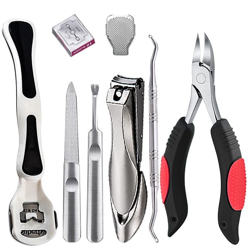 8 pcs Manicure Cutters Nail Clipper Set featuring various tools for nail care, including clippers, files, and skin planers, all in a sleek design.