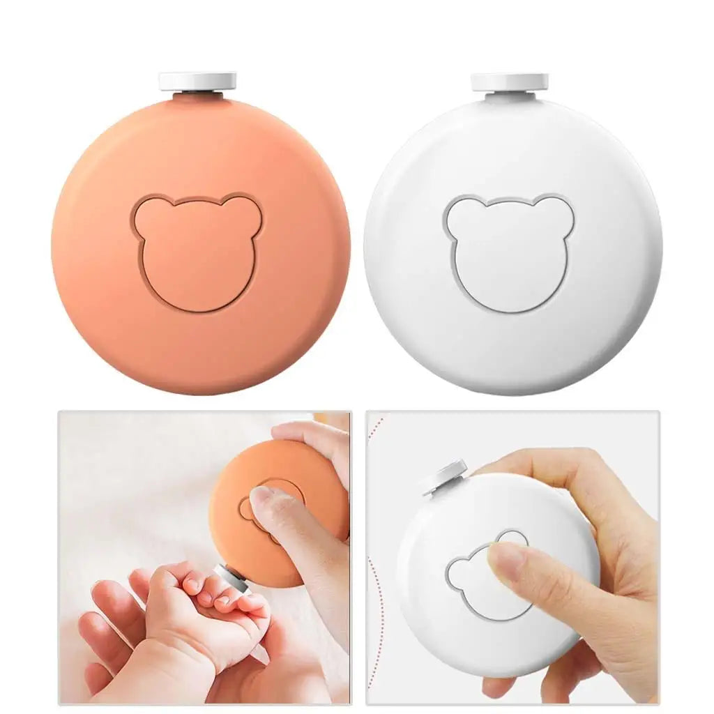 Baby Electric Nail File with six grinding heads, ergonomic design, and bear-shaped button for easy operation.