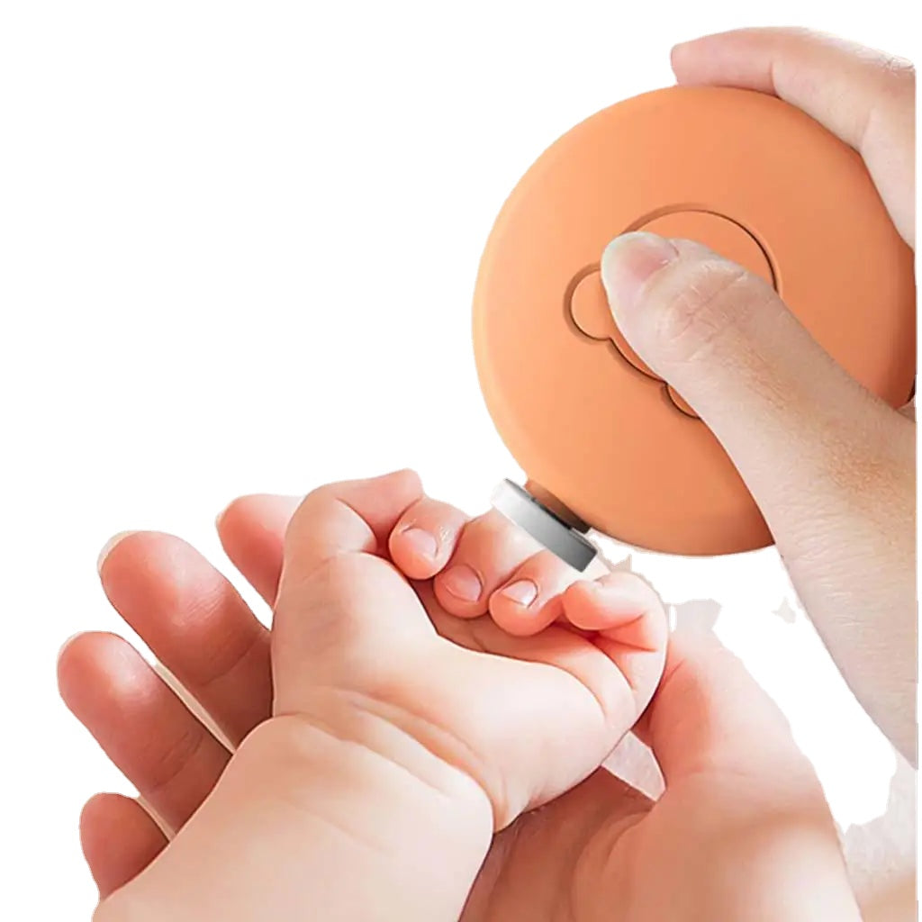 Baby Electric Nail File with six grinding heads, ergonomic design, and bear-shaped button for easy operation.