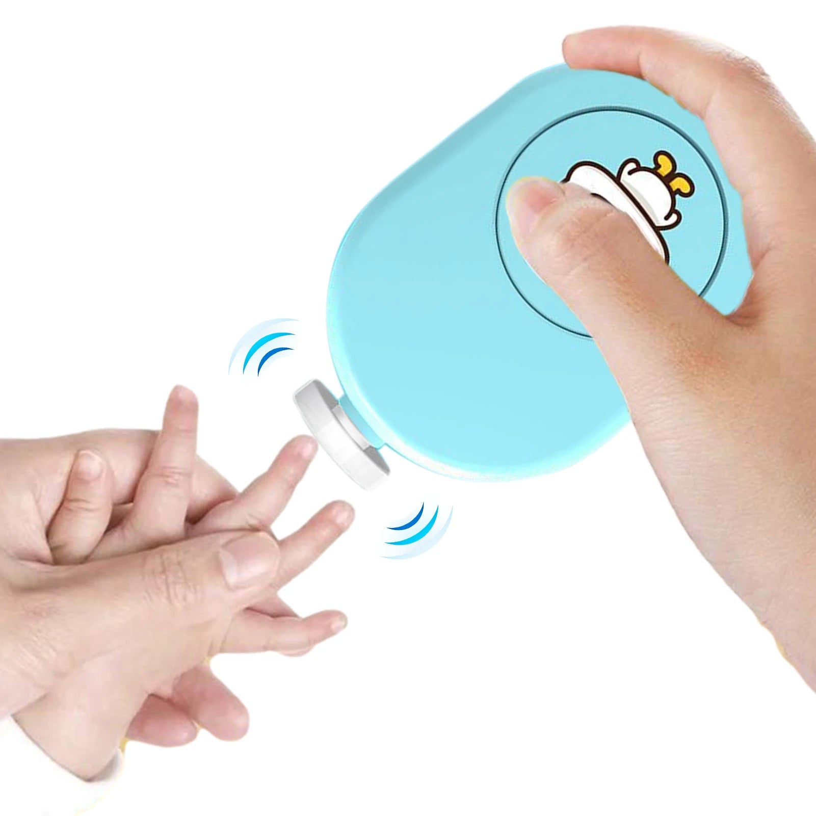 A compact and lightweight baby nail file designed for infants and toddlers, featuring a gentle electric trimmer with multiple contact pads.