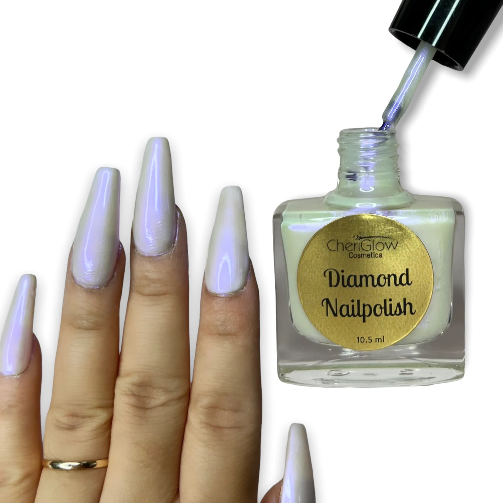 Celestial Diamond Nail Polish showcasing a pink and purple iridescent duochrome finish in a sleek bottle.