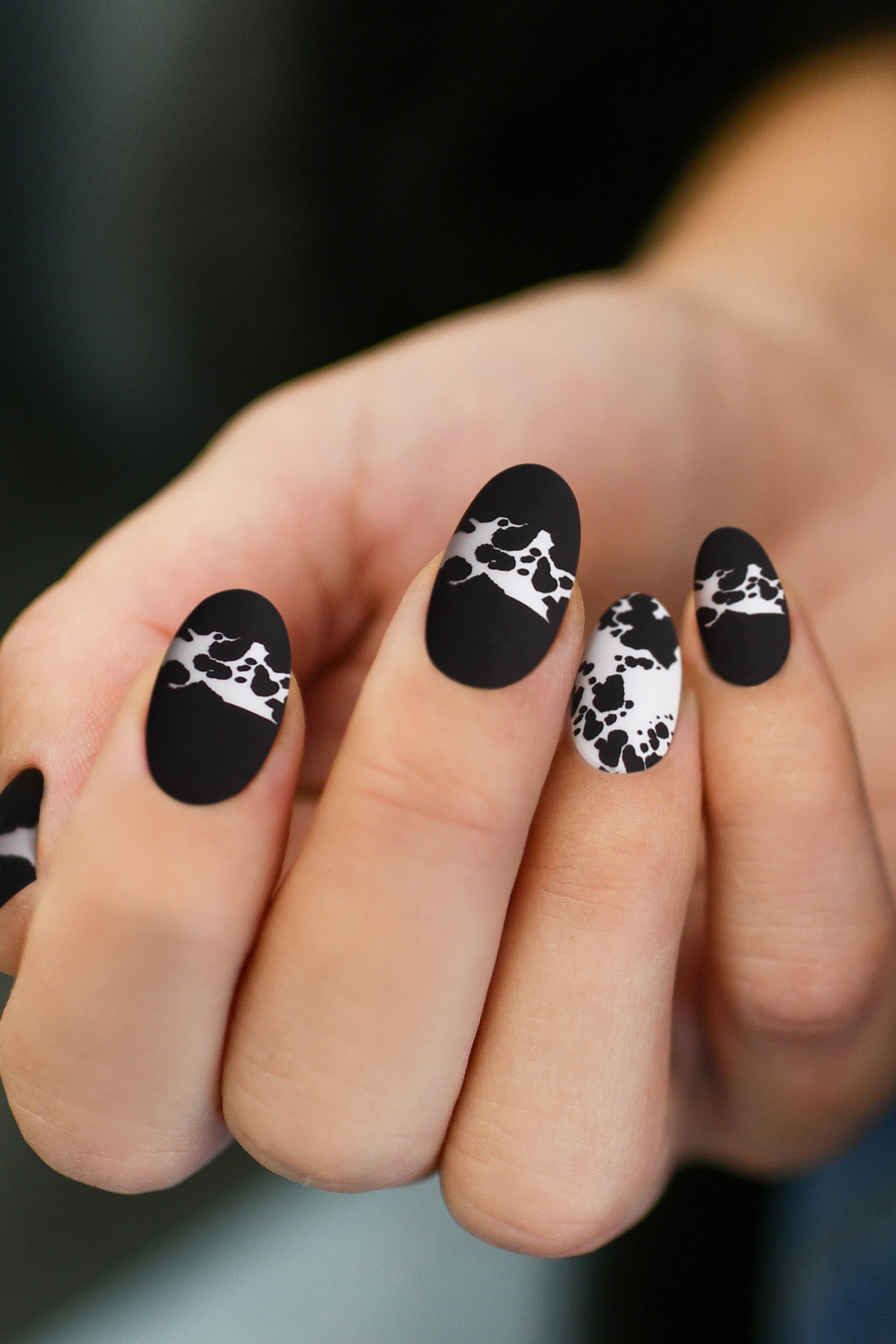 Coco Moo press-on nails featuring a playful black and white cow print design, perfect for stylish manicures.