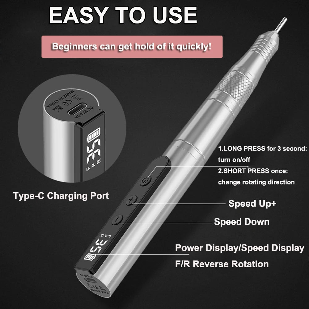 Cordless Nail Drill Machine with USB charging, featuring adjustable speed settings and ergonomic design for professional nail care.