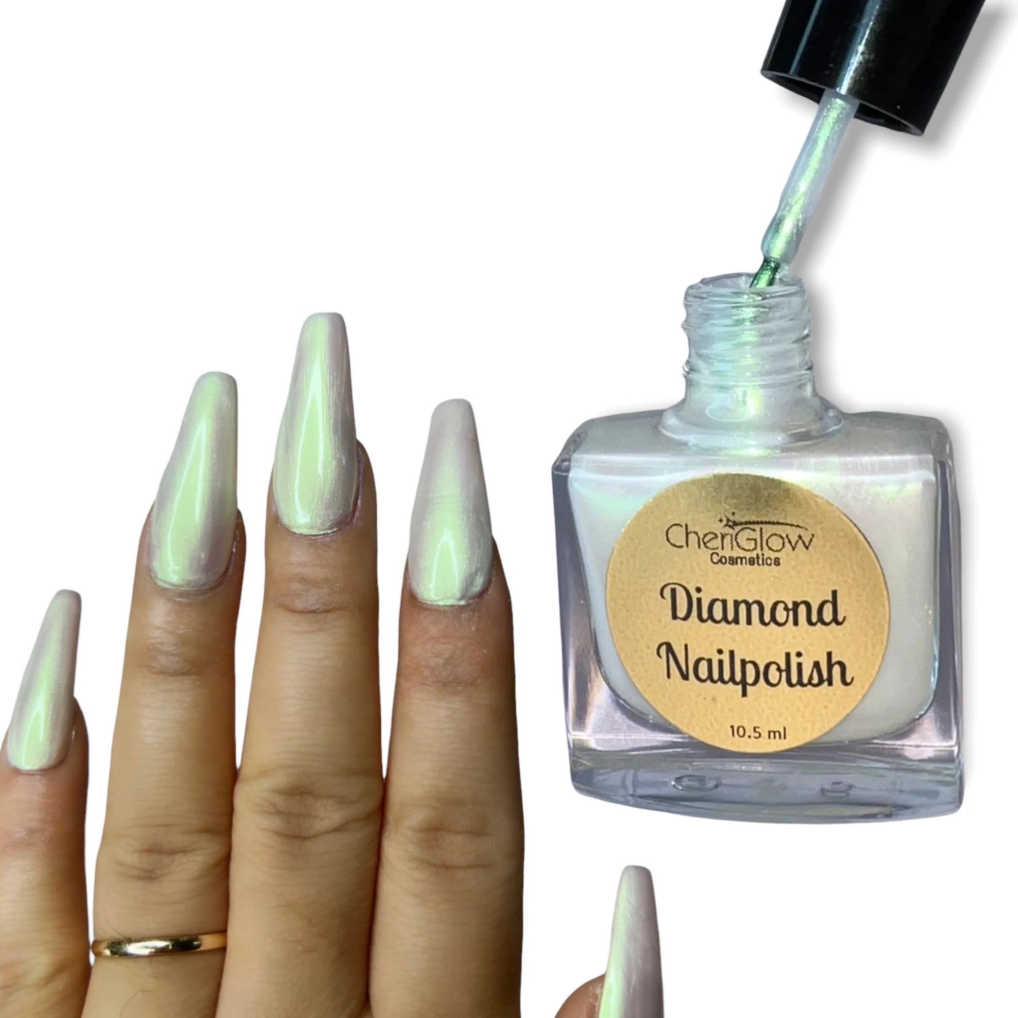 Eclipse Diamond Nail Polish in a 10.5 ml bottle showcasing a gold/green iridescent duochrome finish.