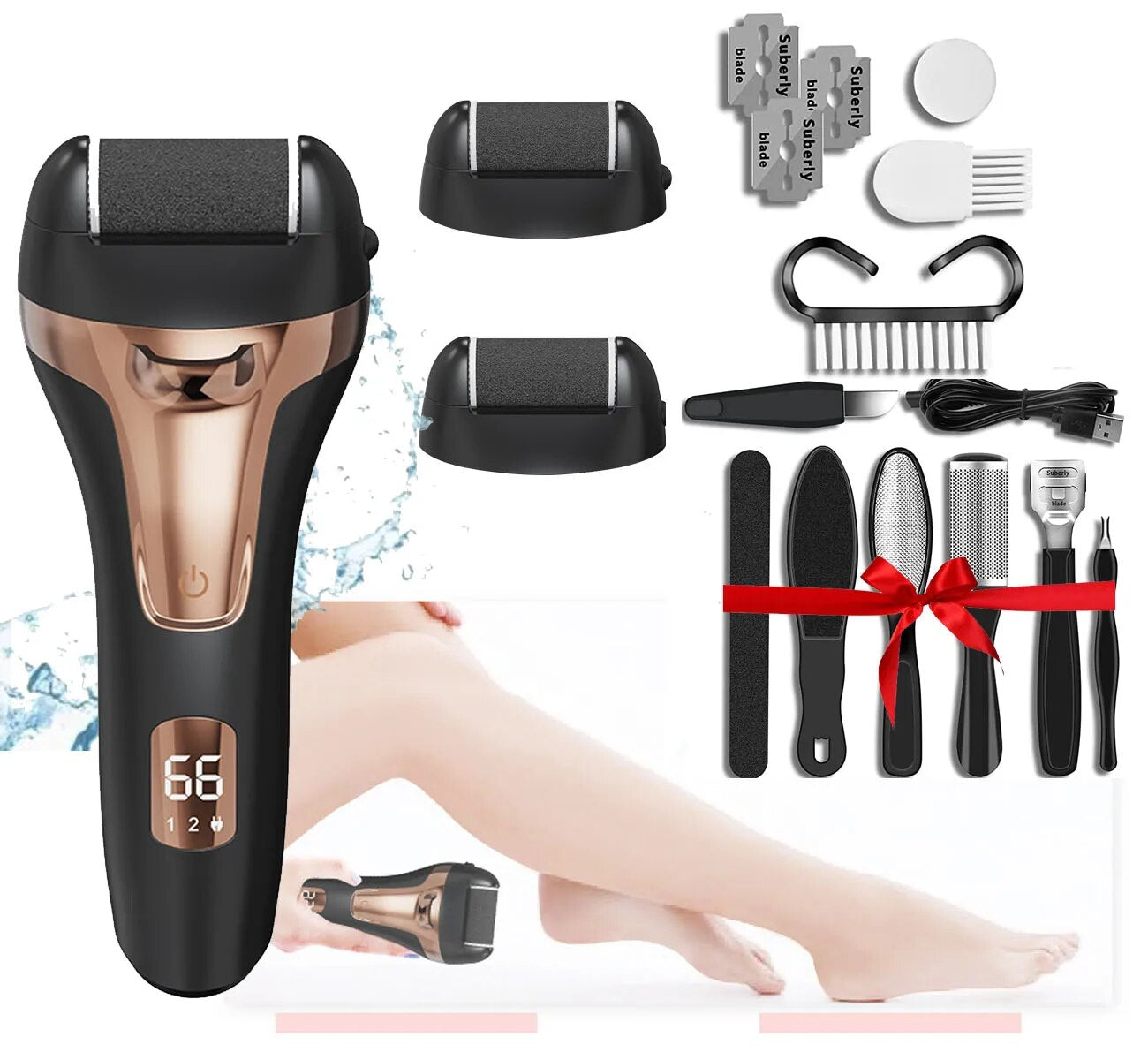 Electric Callus Remover for Feet with roller heads, USB charging cable, and cleaning brush, showcasing its sleek design and included accessories.