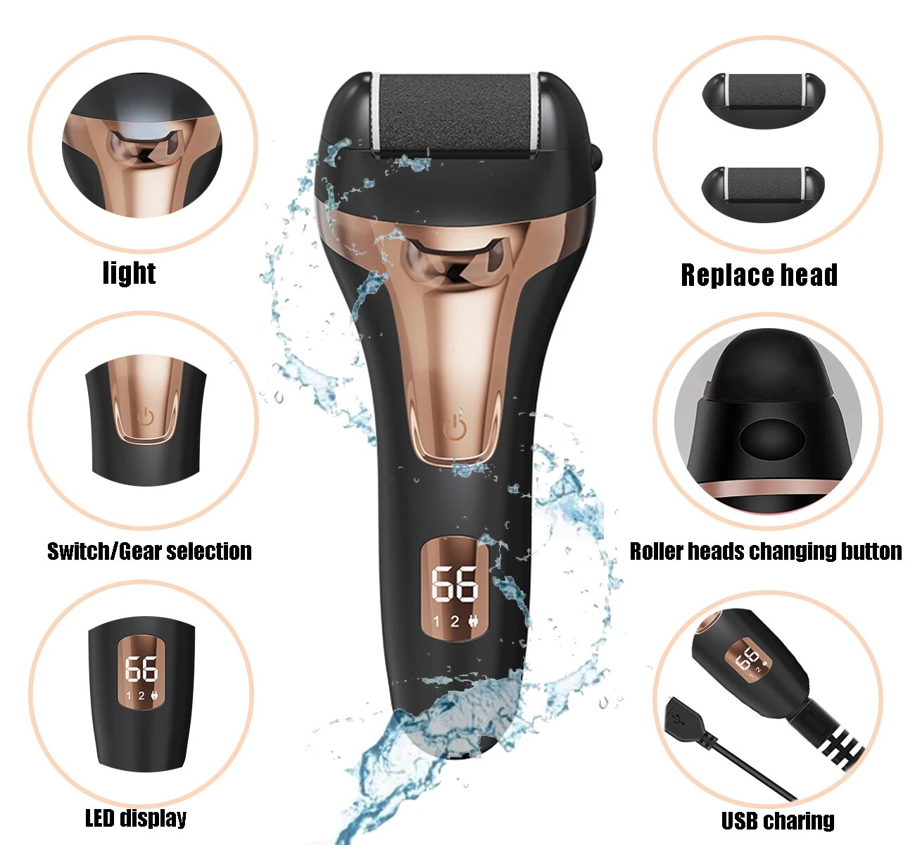 Electric Callus Remover for Feet with roller heads, USB charging cable, and cleaning brush, showcasing its sleek design and included accessories.