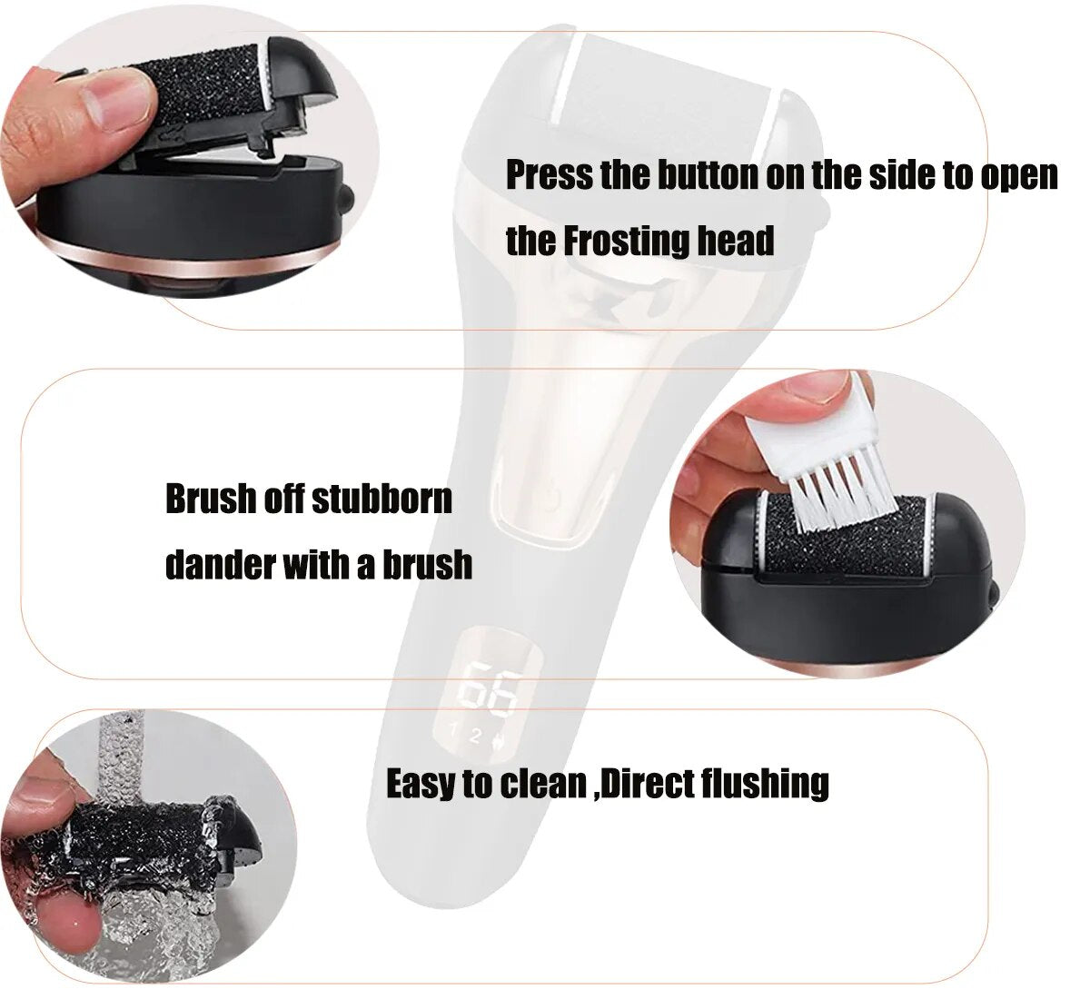 Electric Callus Remover for Feet with roller heads, USB charging cable, and cleaning brush, showcasing its sleek design and included accessories.